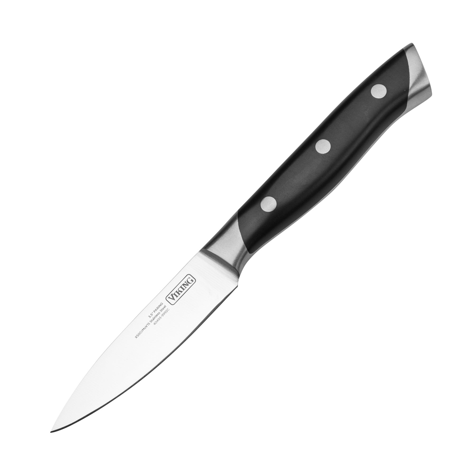 The Viking 12-Piece Stainless Steel Forged Cutlery Block Set by Viking Culinary Products features sharp blades and durable, black riveted handles. Displayed on a white background, it’s a perfect addition to your kitchen collection.
