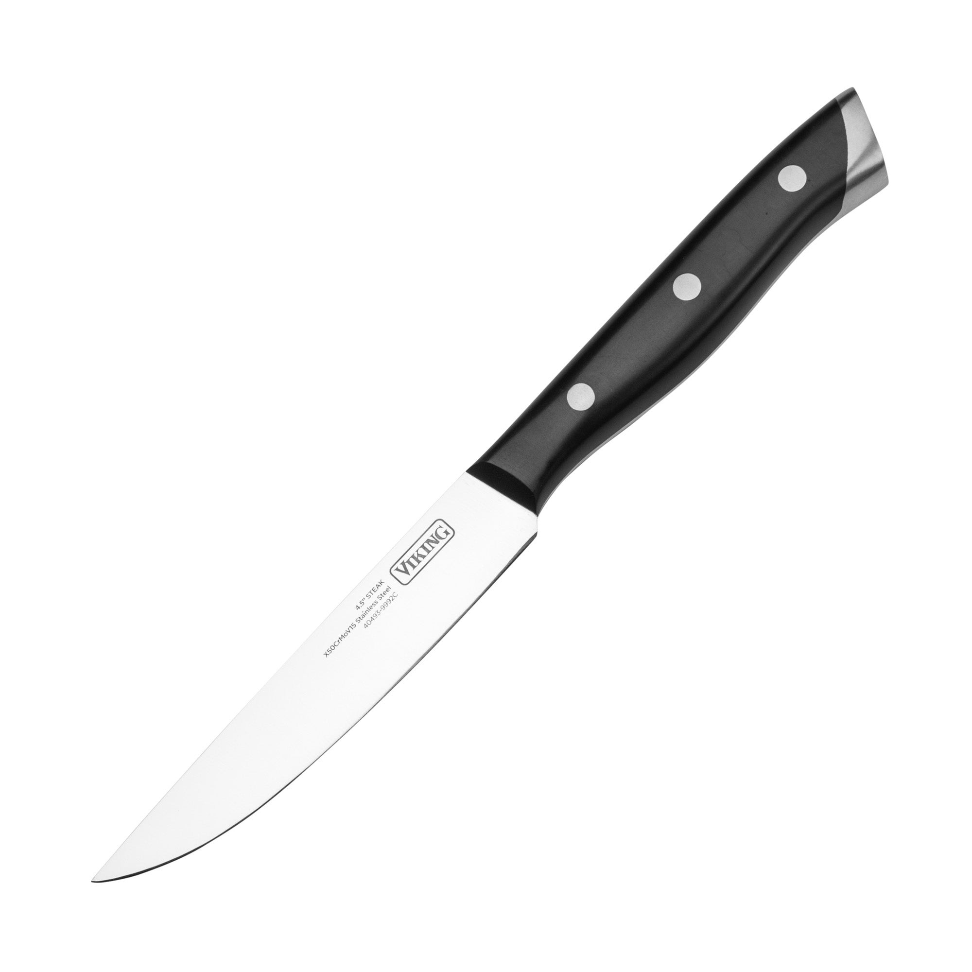 Part of the Viking 12-Piece Stainless Steel Forged Cutlery Block Set by Viking Culinary Products, this chef's knife features a high-carbon stainless steel blade and an ergonomic black handle with three metal rivets.