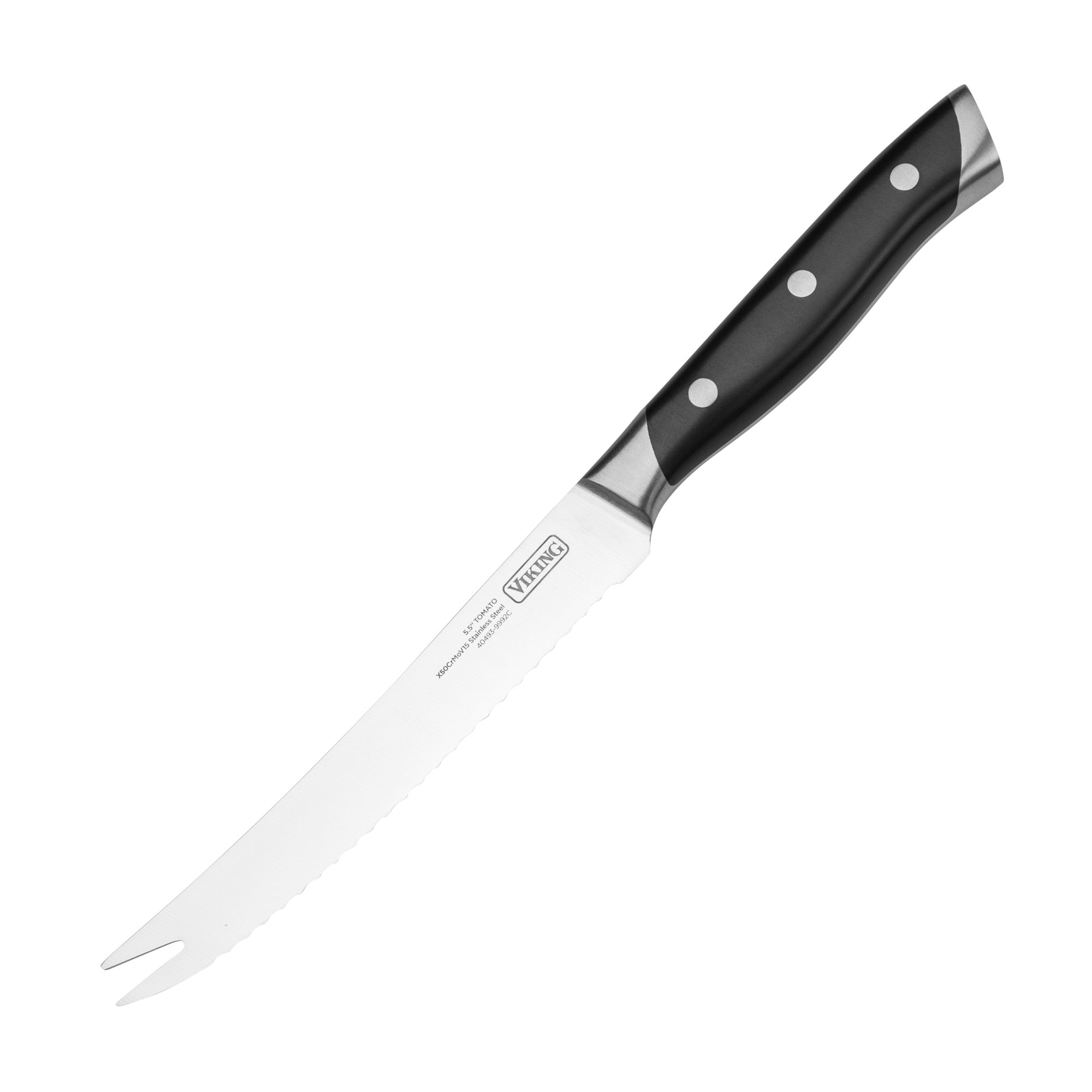 The Viking 12-Piece Stainless Steel Forged Cutlery Block Set by Viking Culinary Products includes knives with black triple-riveted handles and sharp high carbon stainless steel blades, ideal for precision tasks such as slicing and chef prep.