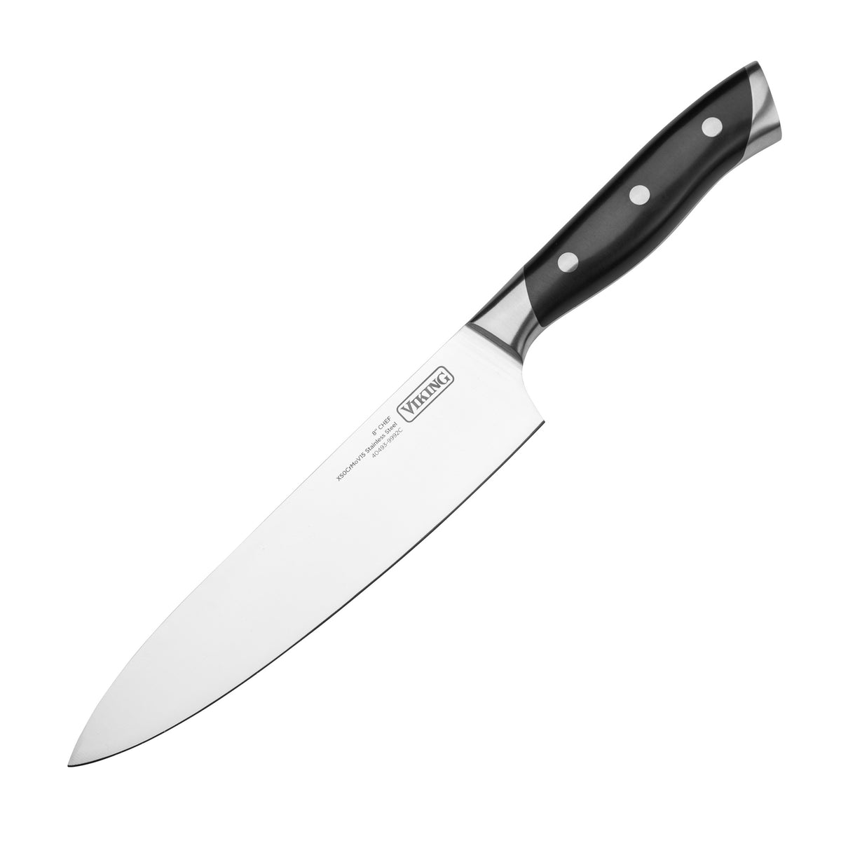 The Viking Culinary Products 12-Piece Stainless Steel Forged Cutlery Block Set includes a chef’s knife with a high carbon stainless steel blade and a black triple-riveted handle, shown against a white background.