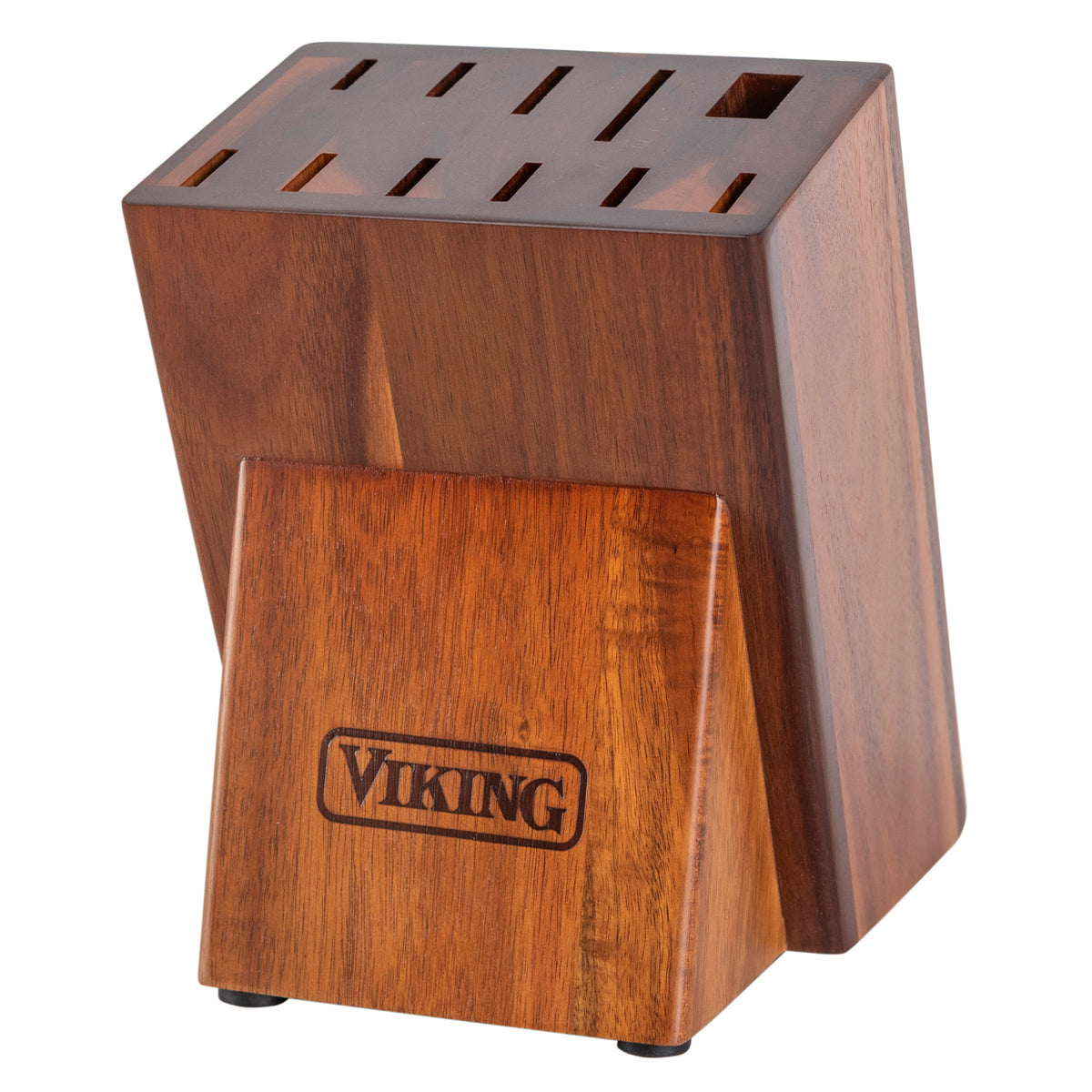 The Viking 12-Piece Stainless Steel Forged Cutlery Block Set by Viking Culinary Products features a wooden block with multiple slots, an engraved Viking logo, an angled design, and stable black feet for securely holding your knives.