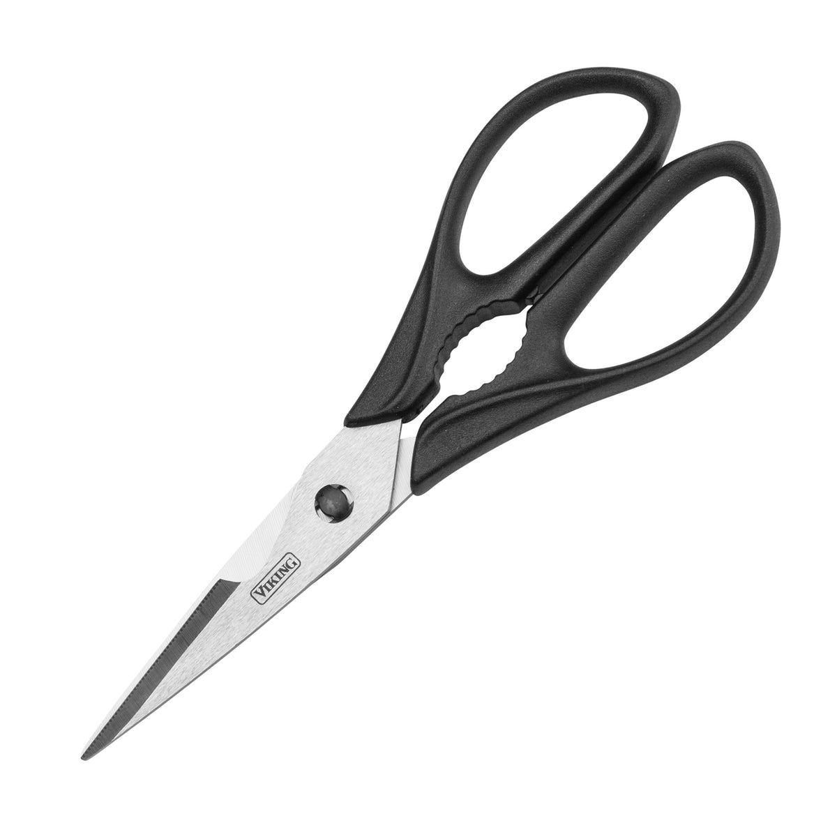 A pair of kitchen scissors from the Viking 12-Piece Stainless Steel Forged Cutlery Block Set by Viking Culinary Products, featuring black ergonomic handles, high carbon stainless steel blades, and a serrated section near the handles. Shown on a white background.