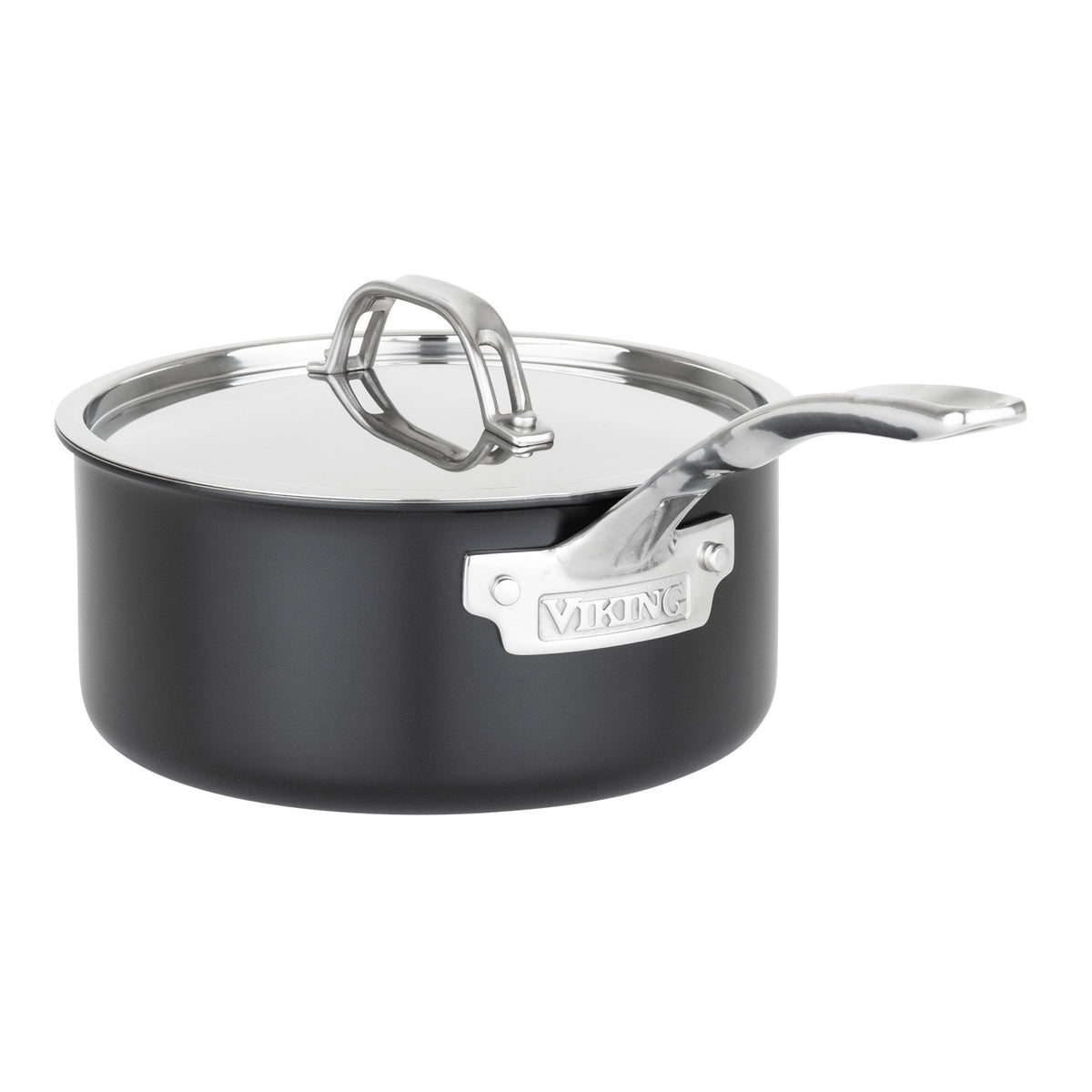 A Viking Culinary Products saucepan from the 12pc 3-Ply Cast Black Exterior Stainless Steel Cookware Set, with a PFAS Free stainless steel handle and matching lid, features the brand on an engraved metal plate against a plain white background.