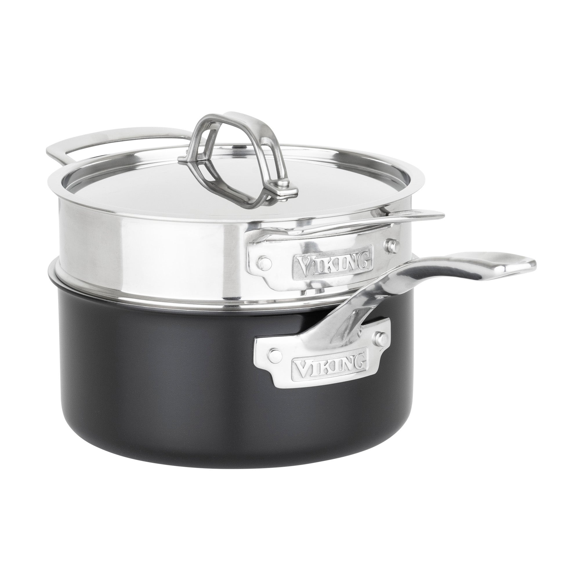 The Viking 12pc 3-Ply Cast Black Exterior Stainless Steel Cookware Set by Viking Culinary Products features metal lids, sturdy handles, and is induction compatible and PFAS free—ensuring safe, versatile cooking.