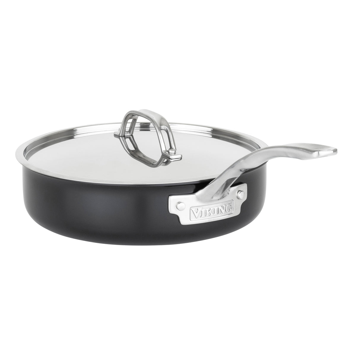 The Viking Culinary Products 12pc 3-Ply Cast Black Exterior Stainless Steel Cookware Set with Metal Lids features PFAS-free, induction-compatible pans with shiny stainless steel handles, shown on a white background.