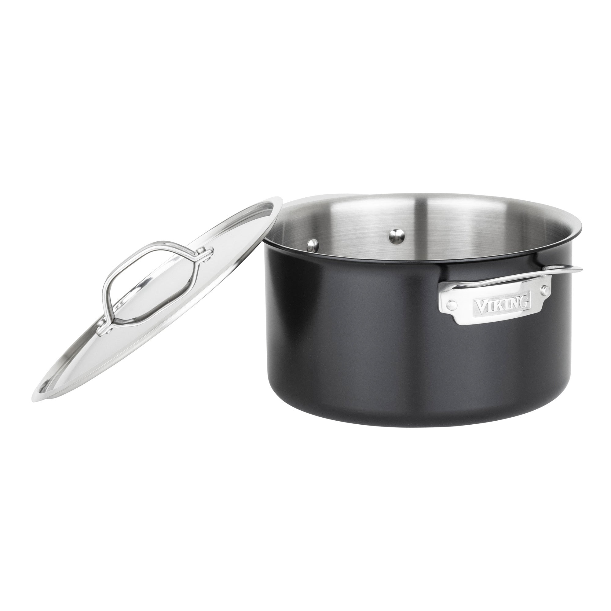 A Viking Culinary 12pc 3-Ply Cast Black Exterior Stainless Steel Cookware Set with metal lids, featuring induction compatibility, PFAS-free interior, and the Viking logo on the handle. A pot is shown in black and silver, slightly tilted with its matching lid.