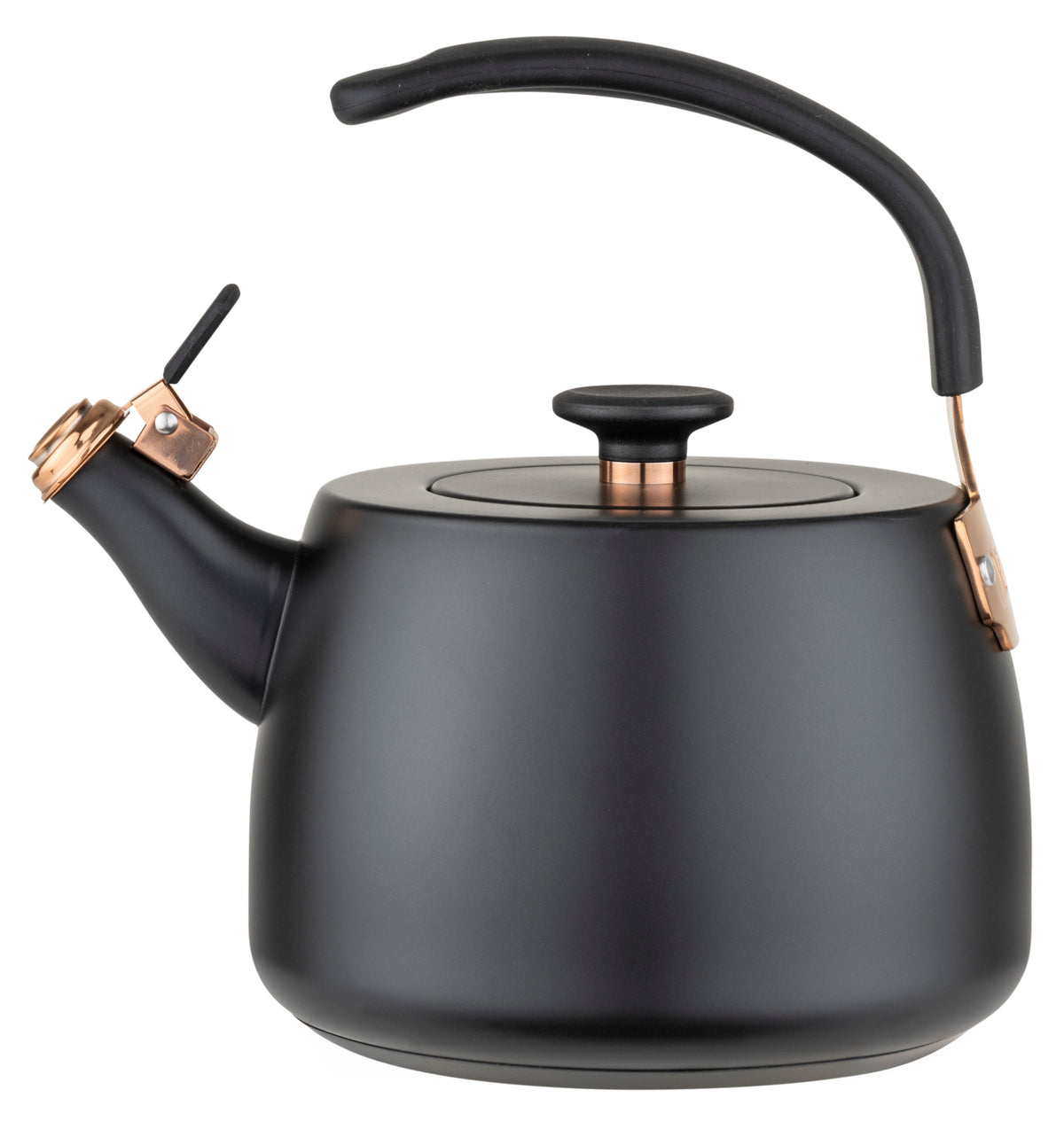 The Viking Culinary Products Viking 2.6 Qt Stainless Steel Modern Teakettle features a matte black body, a rounded design, a curved black handle, a short spout with lever, and elegant rose gold accents on the lid and handle base.
