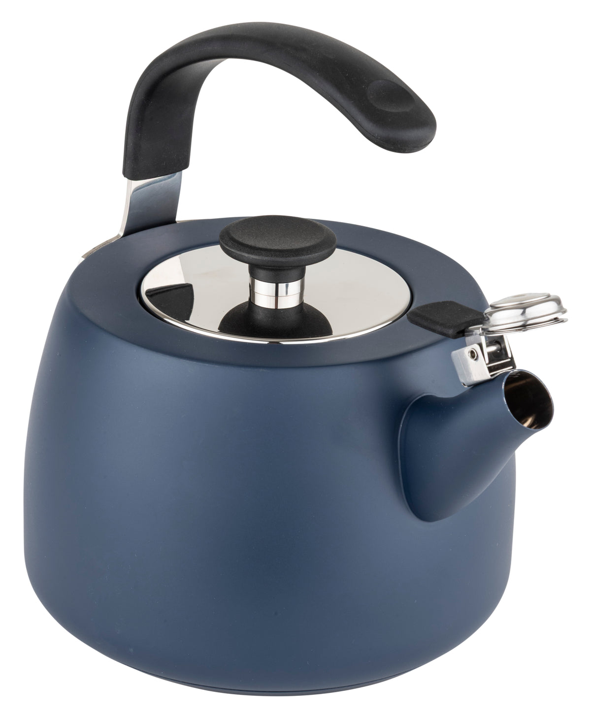 A Viking Culinary Products 2.6 qt stainless steel modern teakettle with a 3-ply base in slate blue is shown on a white background. The kettle features a black handle, a silver lid, and an open spout with a small lever attached to the spout cover.