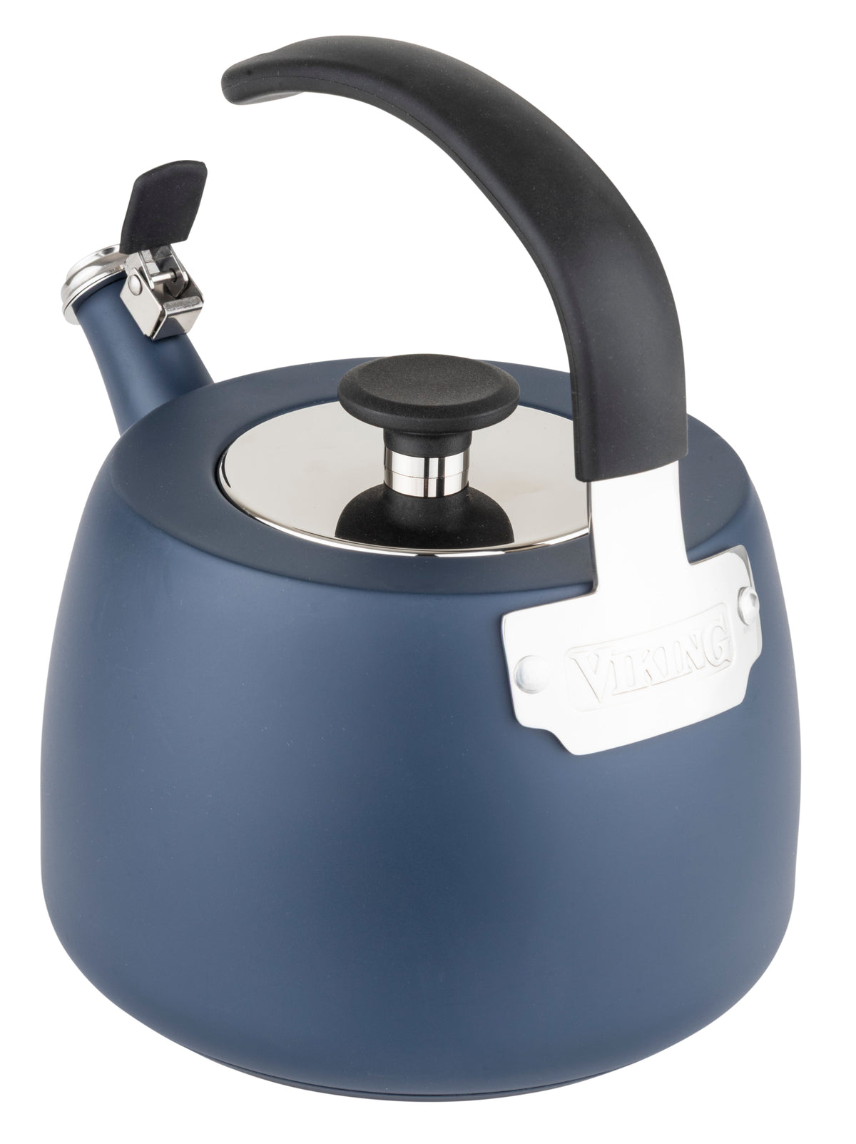 A Viking Culinary Products 2.6 qt stainless steel modern teakettle in slate blue and silver, featuring a black handle, spout cover, and the Viking label on the side.