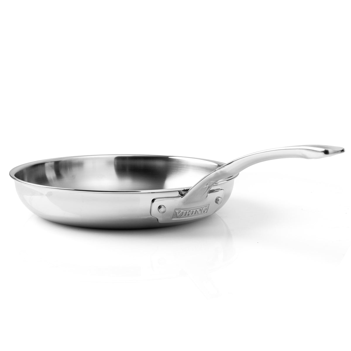 A Viking Artisan 3-Ply Stainless Steel 10-Inch Fry Pan with a curved handle is displayed on a white background, featuring the Viking Culinary Products name engraved at the base of the shiny stainless steel handle.