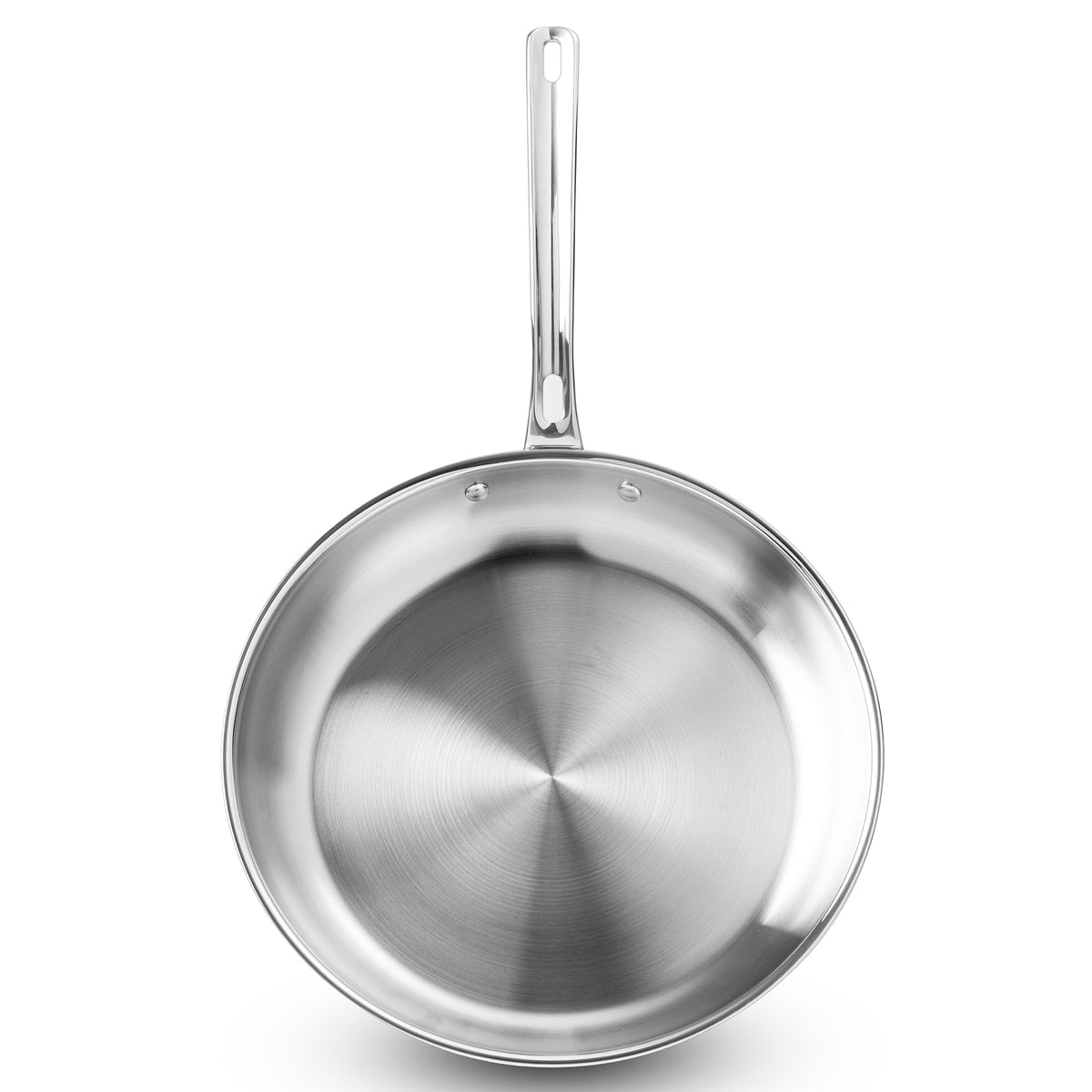 A top view of a Viking Artisan 3-Ply Stainless Steel 12-Inch Fry Pan with long handle, by Viking Culinary Products, made from induction compatible stainless steel, isolated on a white background.
