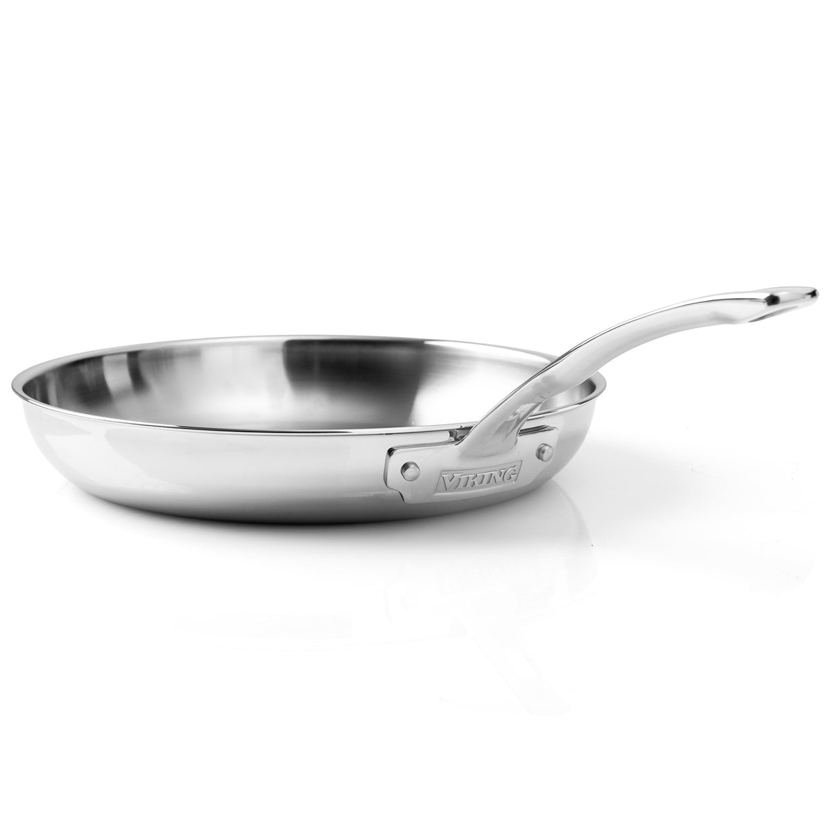 The Viking Artisan 3-Ply Stainless Steel 12-Inch Fry Pan by Viking Culinary Products features a long handle, induction compatibility, shiny finish, and slightly curved rim. Shown on a white background.