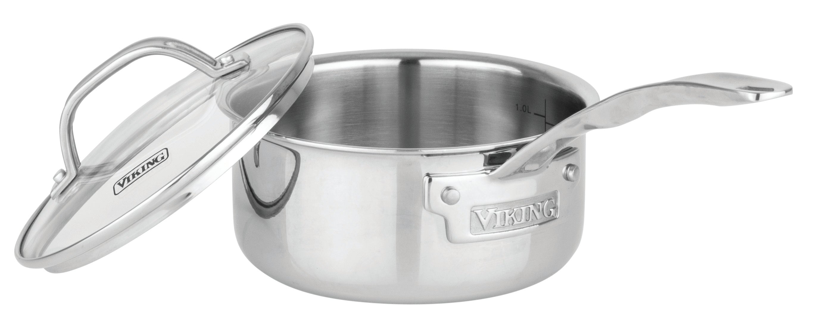 The Viking Culinary Products Artisan 3-ply Stainless Steel 11-Piece Cookware Set includes induction compatible pans with glass lids, each featuring sturdy handles and a shiny, reflective surface.