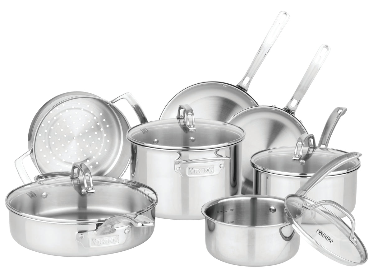 The Viking Culinary Products 3-ply Stainless Steel 11-Piece Cookware Set with Glass Lids features pots, pans, handles, and a steamer insert, all arranged on a white background. The Viking brand is visible on some oven-safe pieces.