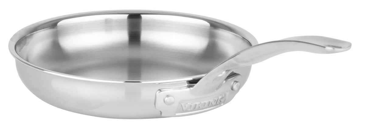 The Viking Artisan 3-ply Stainless Steel 11-Piece Cookware Set by Viking Culinary Products features sturdy riveted handles, glass lids, and stainless steel construction; it is oven safe and induction compatible.