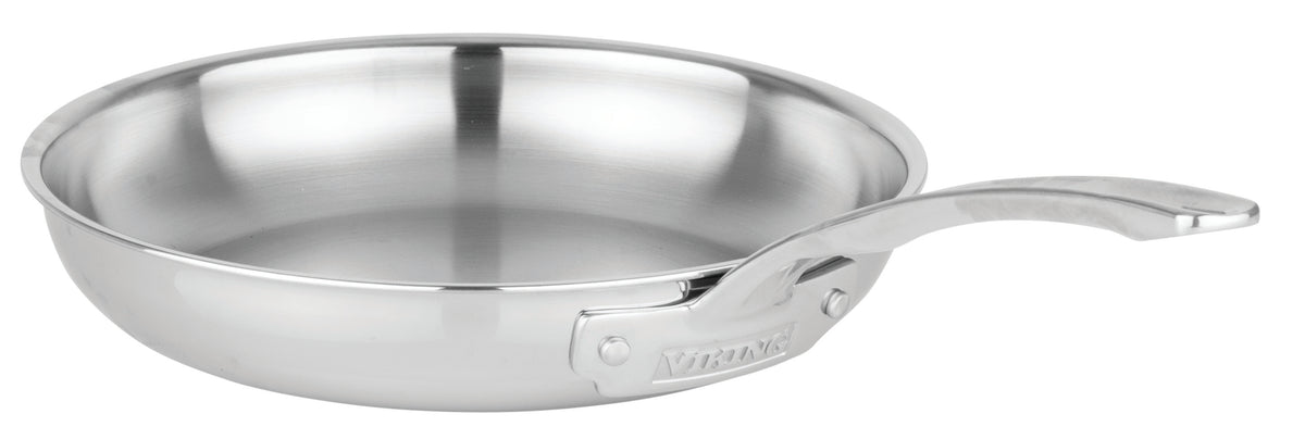 A sleek Viking Culinary Products frying pan from the Artisan 3-ply Stainless Steel 11-Piece Cookware Set features a shiny finish, curved handle with logo, is induction compatible and oven safe, and is shown clean on a white background.