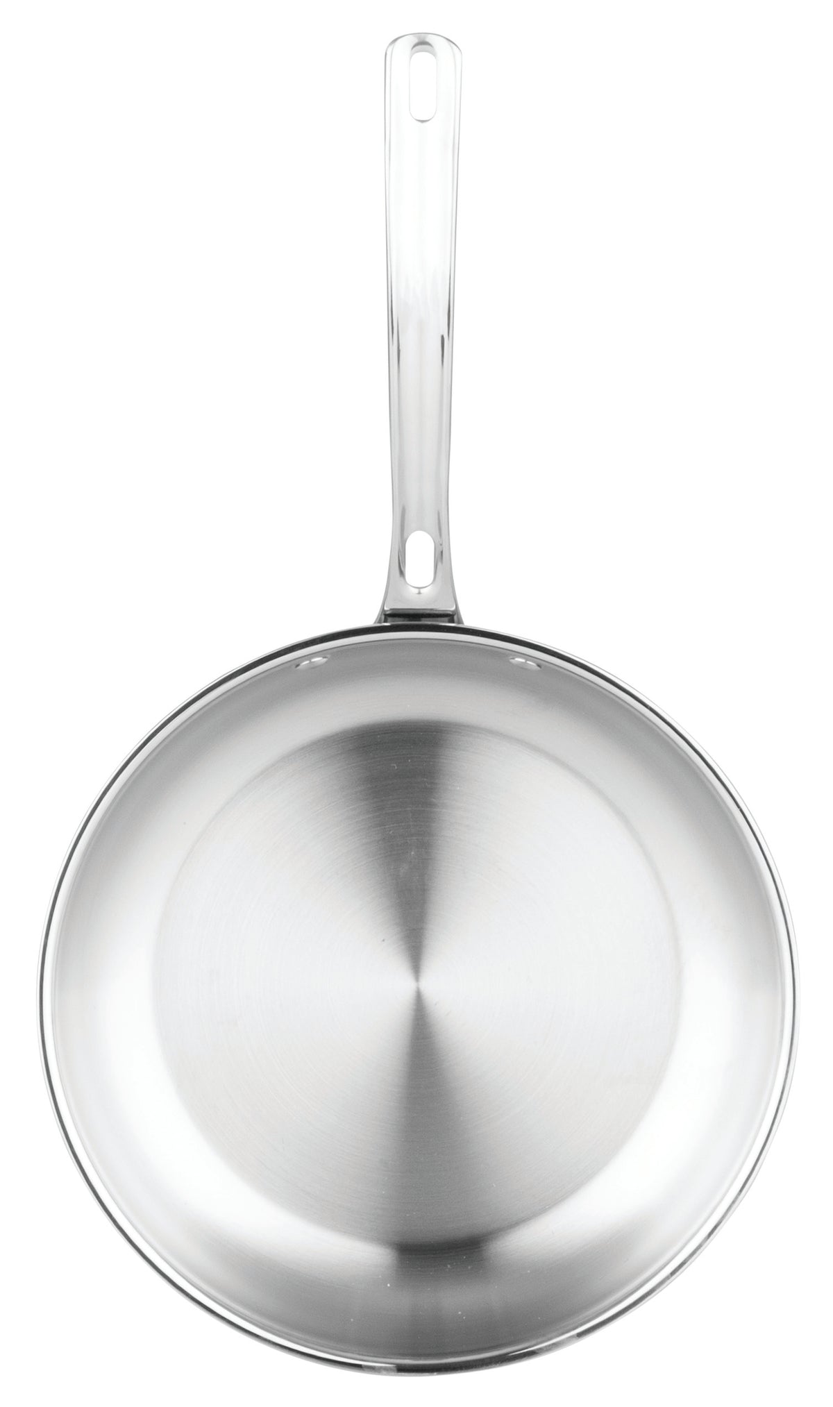 A top-down view of the Viking Artisan 3-Ply Stainless Steel 12-Inch Fry Pan by Viking Culinary Products, induction compatible with a metal handle, shown empty and upright against a plain white background.