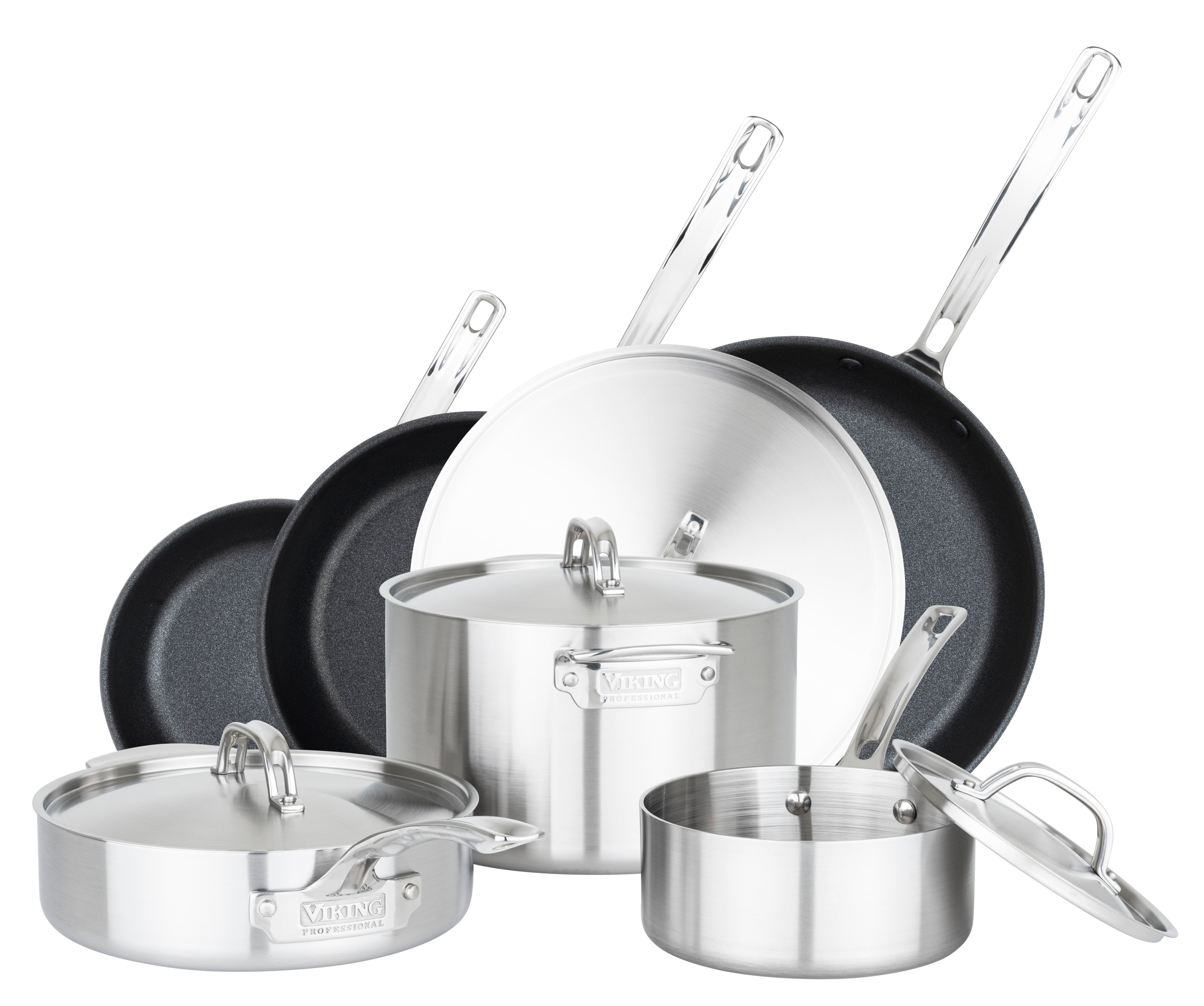 The Viking Culinary Products Professional 5-Ply 10-piece Cookware Set with Nonstick Skillets features three saucepans with lids and two frying pans, all upright with handles up, boasting a shiny, durable stainless steel finish.