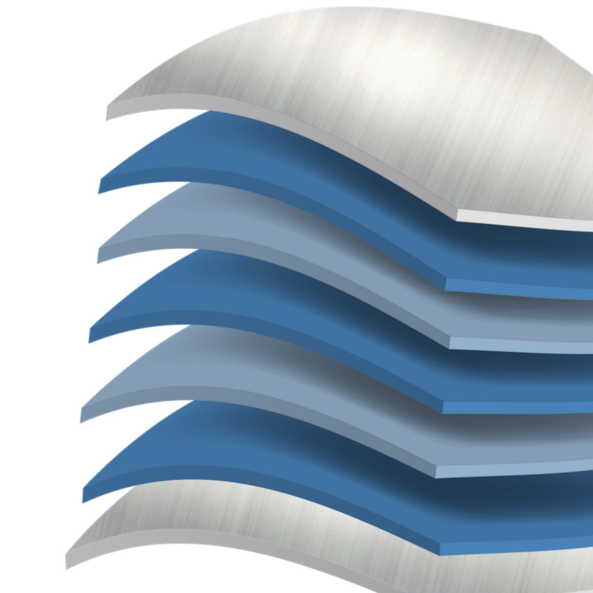 A digital illustration showing alternating layers of metallic silver and various shades of blue, stacked in a wave-like, curved pattern.