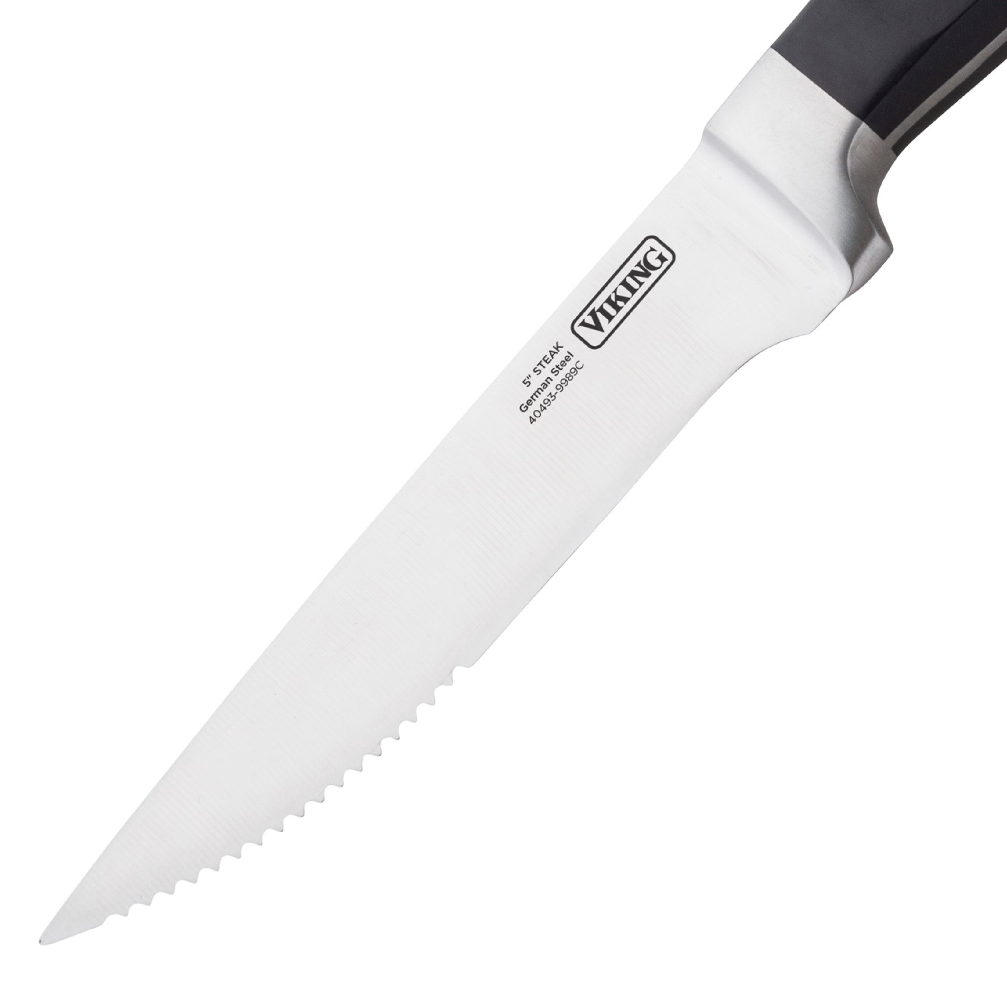 A close-up of a Viking brand serrated kitchen knife with a black handle and stainless steel blade, featuring the brand name and details engraved near the handle.
