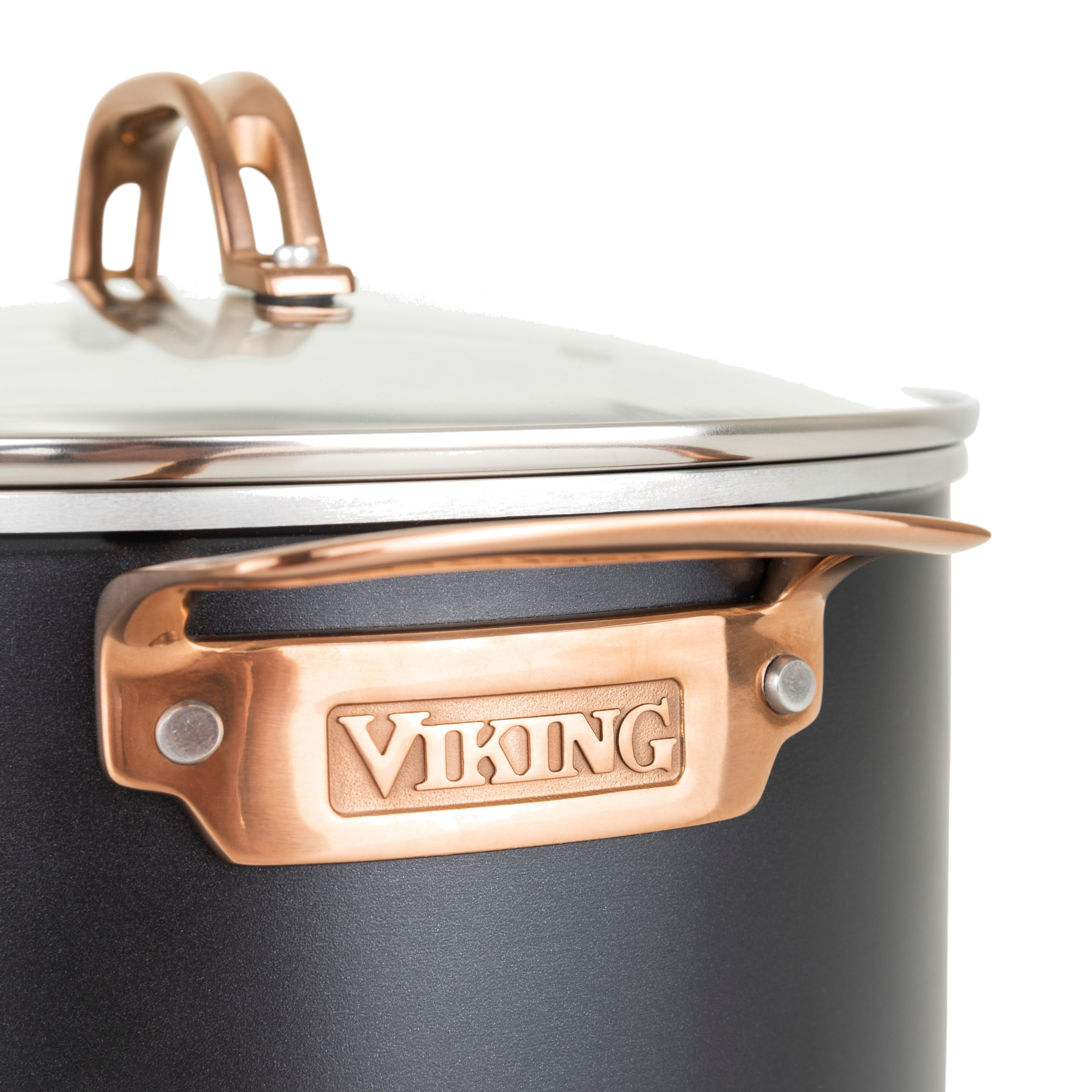 Close-up of the Viking 3-Ply Black and Copper 12 Inch Fry Pan by Viking Culinary Products, featuring a matte black finish, copper-colored handle engraved with the brand name, metal lid, and induction compatibility.