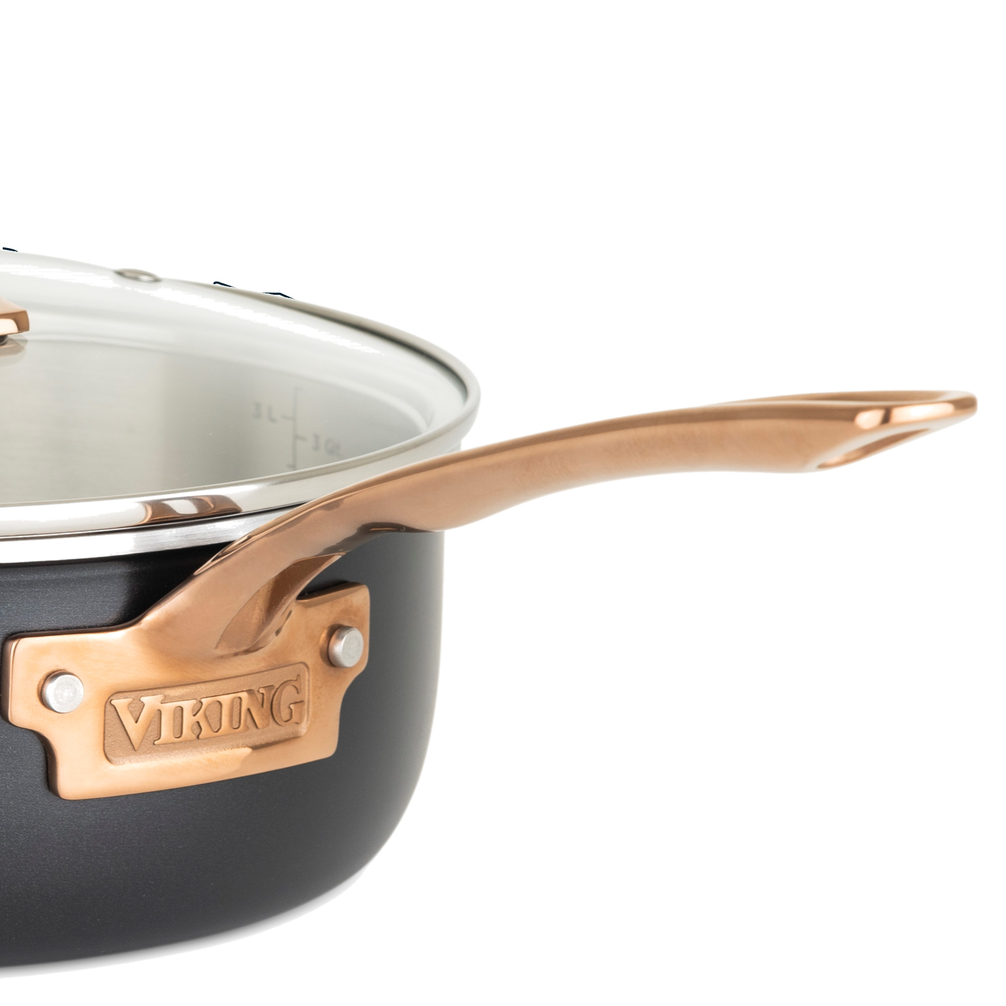 Close-up of the Viking Culinary Products 3-Ply Black and Copper 8 Inch Fry Pan, featuring a matte black finish, shiny copper handle, matching logo plate, stainless steel lid detail, and interior measurement markings; induction compatible.