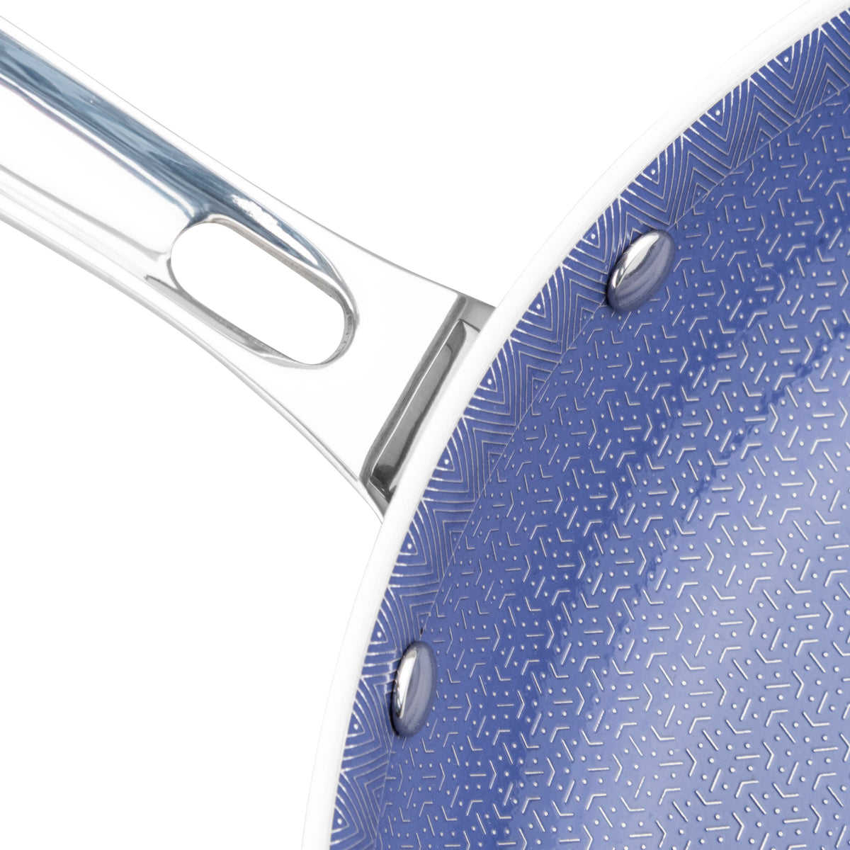 Close-up of the Viking 3-Ply Hybrid Plus Ceramic 10-inch Nonstick Fry Pan by Viking Culinary Products, showing its metallic handle, blue geometric nonstick surface, visible rivets, and induction-ready 3-ply construction.