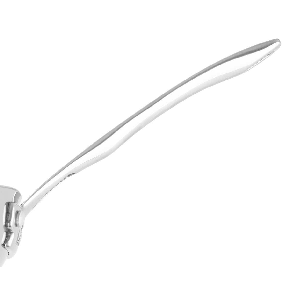 Close-up of a metallic spoon with a curved, reflective handle, crafted to complement the Viking 3-Ply Hybrid Plus Ceramic 10-inch Nonstick Fry Pan by Viking Culinary Products, isolated on a white background.