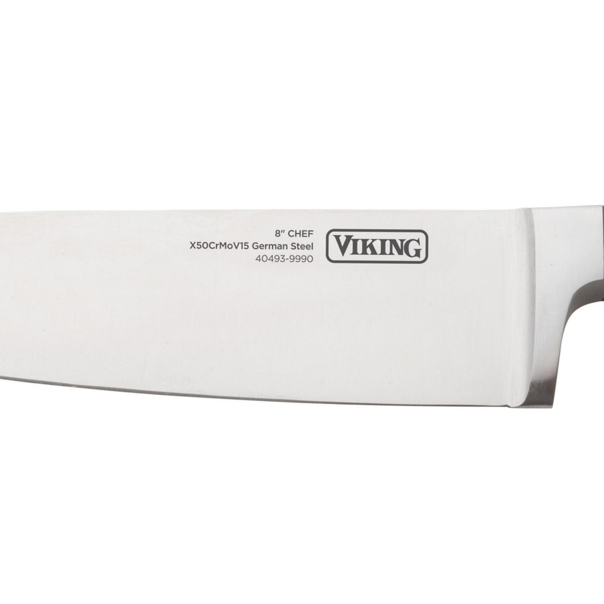Close-up of the blade of a Viking 8-inch chef’s knife made with X50CrMoV15 German steel, showing the brand name and specifications printed on the blade.