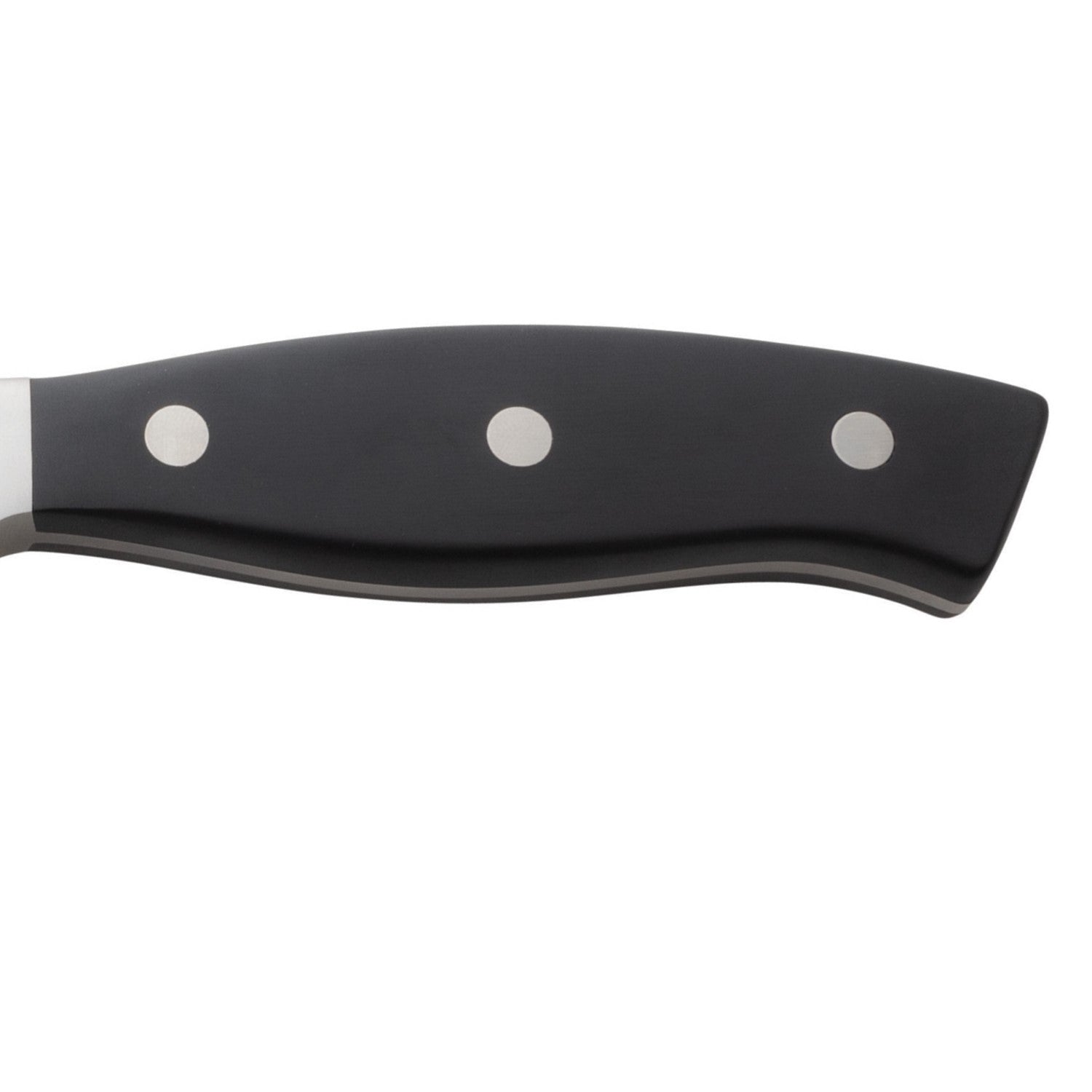 Close-up of a black kitchen knife handle with three silver rivets, shown against a white background. The blade is partially visible on the left side of the image.