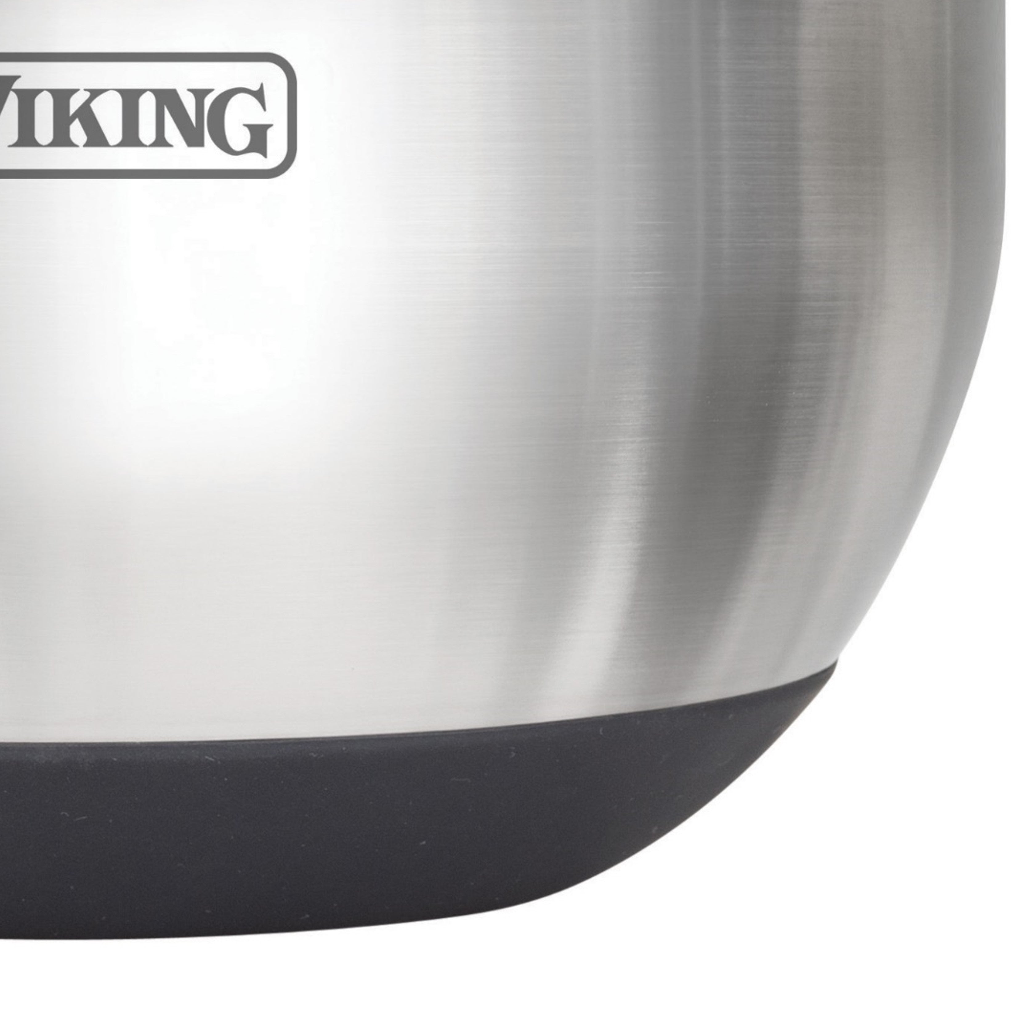 Close-up of a stainless steel bowl with a matte finish, black base, and part of the VIKING brand logo visible in the upper left corner.