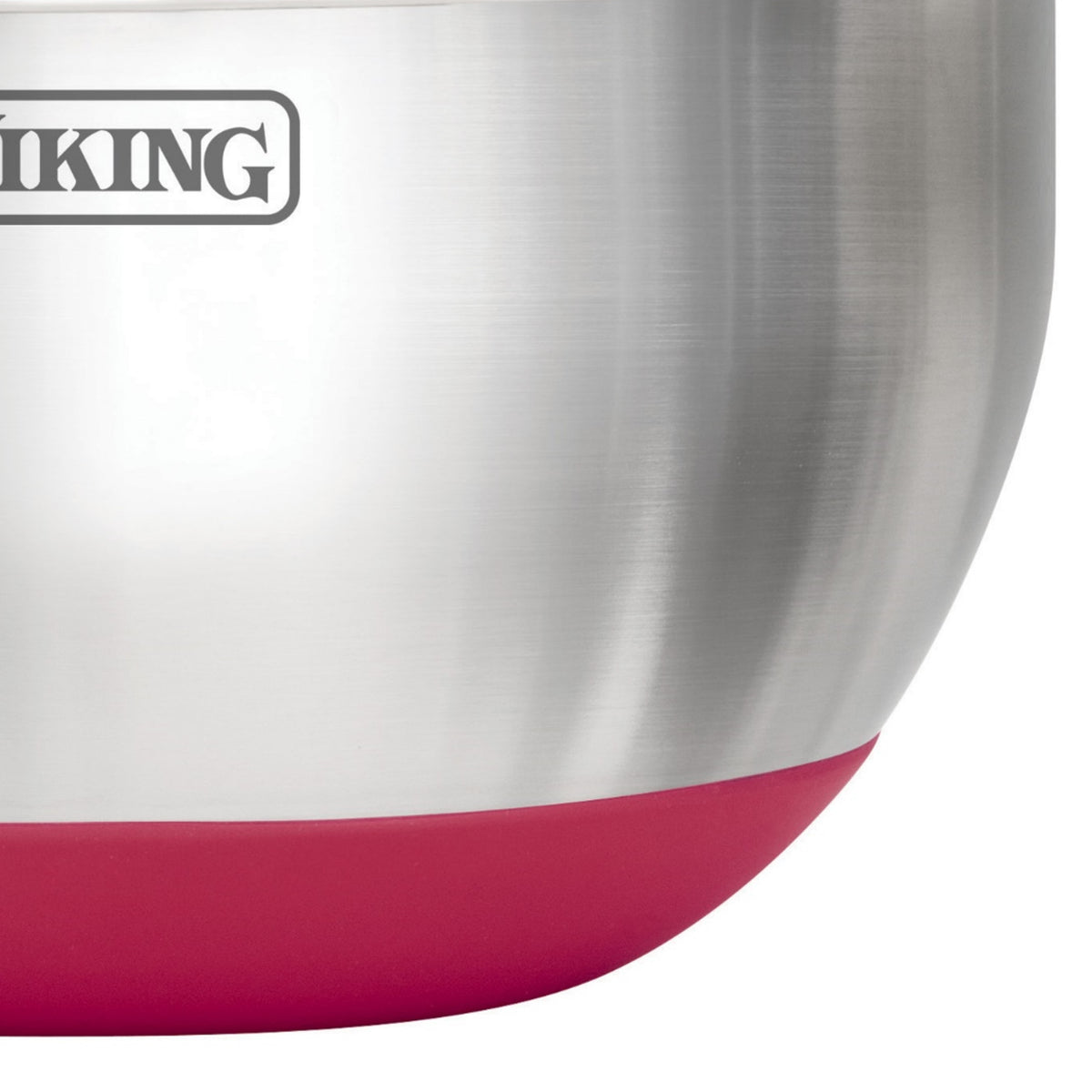 A close-up of a stainless steel mixing bowl with a pink silicone base. Part of the word VIKING is visible on the bowl.