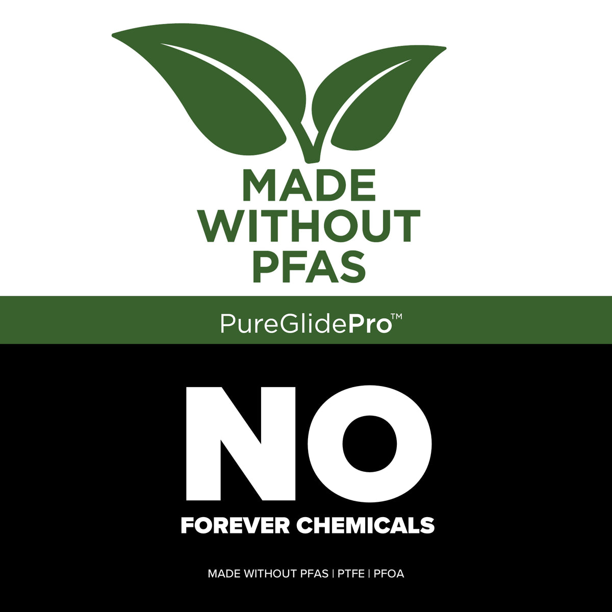A green leaves icon appears above the phrase "Made Without PFAS," underscoring Viking Culinary Products' commitment to healthy cooking. Beneath, "PureGlidePro™" is displayed on a green stripe, with "NO Forever Chemicals" in bold white letters on black. Smaller text notes that the Viking PureGlide Pro 3-Ply 5-Piece Cookware Starter Set is made without PFAS, PTFE, and PFOA.