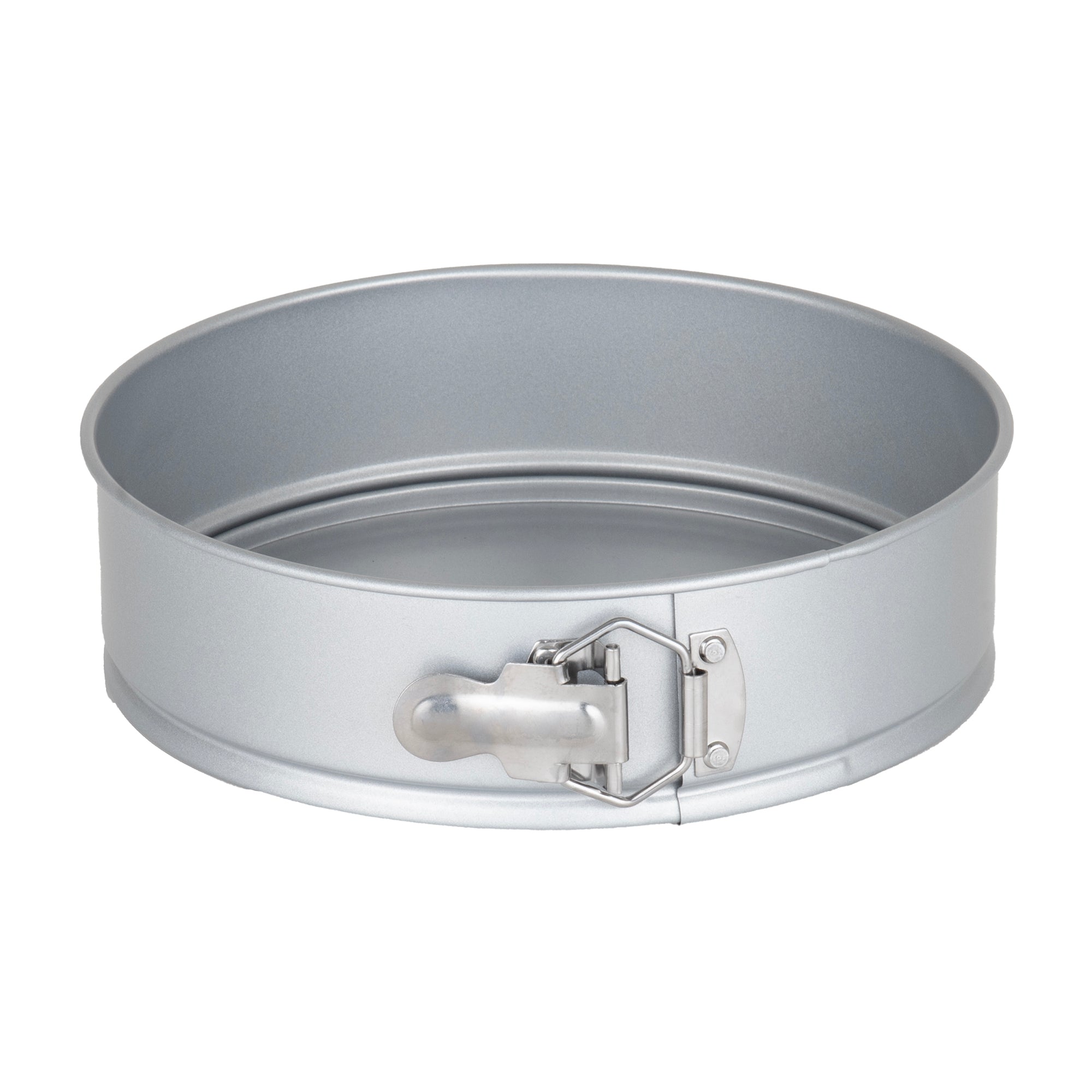 The Viking Aluminized Steel Nonstick 9-inch Springform Pan by Viking Culinary Products features a round silver design and a side latch for easy release of baked goods.