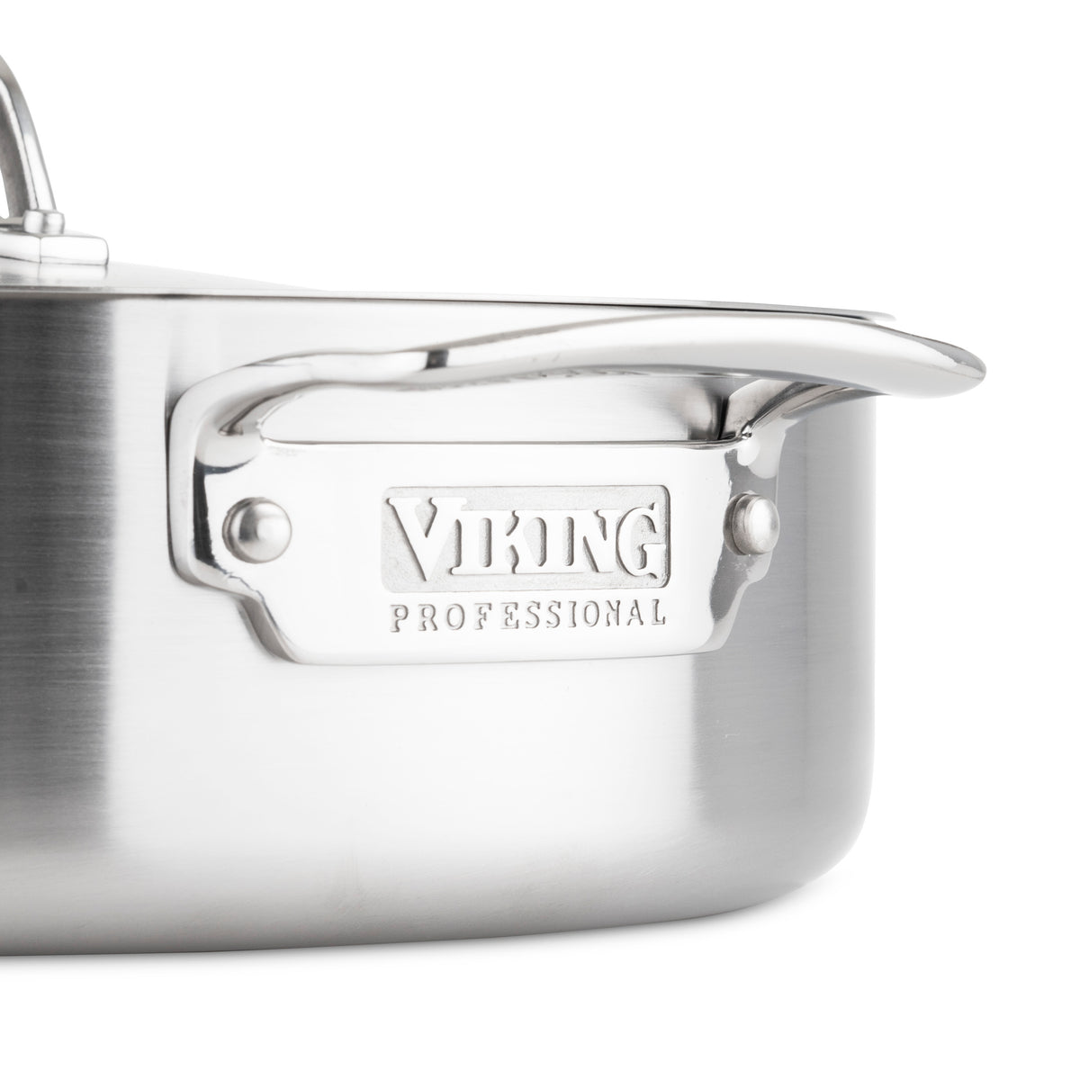 Close-up of a stainless steel pot with a handle, featuring the engraved text VIKING PROFESSIONAL on a metal plate. The background is white.
