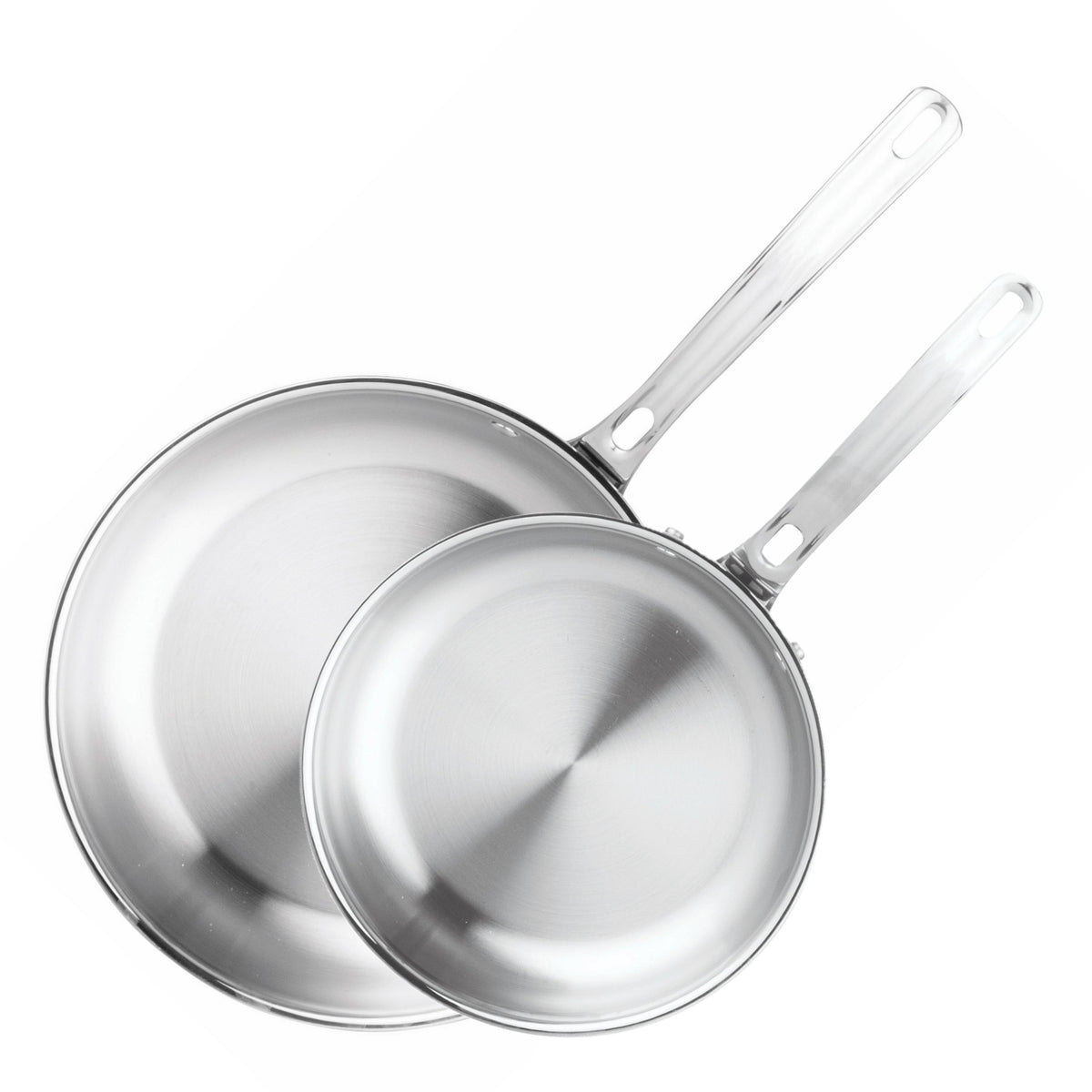Two Viking Culinary Products Artisan 3-Ply fry pans (10" and 12") are shown overlapping on a white background, handles pointing top right. Both pans are induction compatible for versatile cooking.