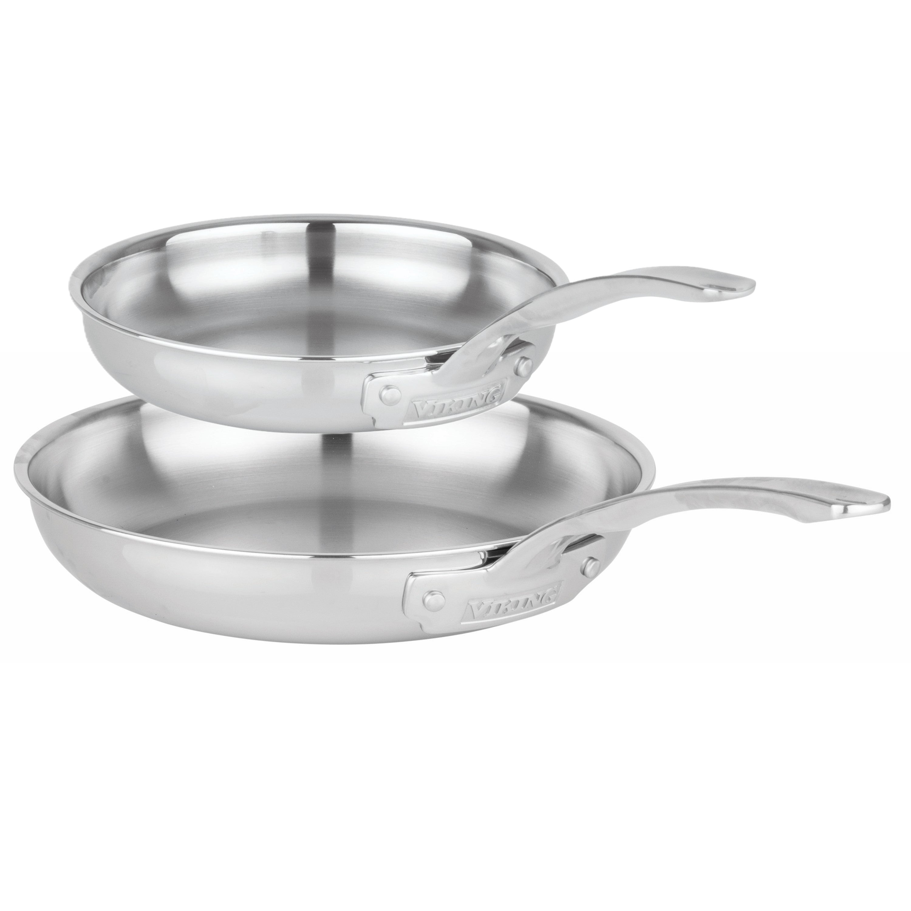 The Viking Culinary Products Artisan 3-Ply 2-Piece Fry Pan Set (10" & 12") with ergonomic handles is shown stacked on a white background. Both stainless steel pans are induction compatible for versatile cooking.