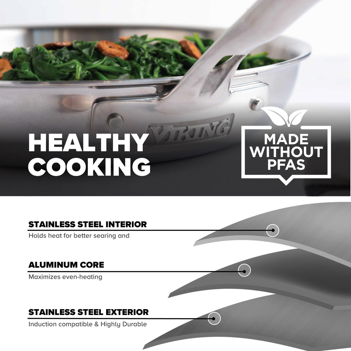 A Viking Artisan 3-Ply Stainless Steel 10-Inch Fry Pan from Viking Culinary Products with sautéed greens sits on the stove. Text highlights Healthy Cooking, Made Without PFAS, stainless steel interior, aluminum core, and induction compatibility.