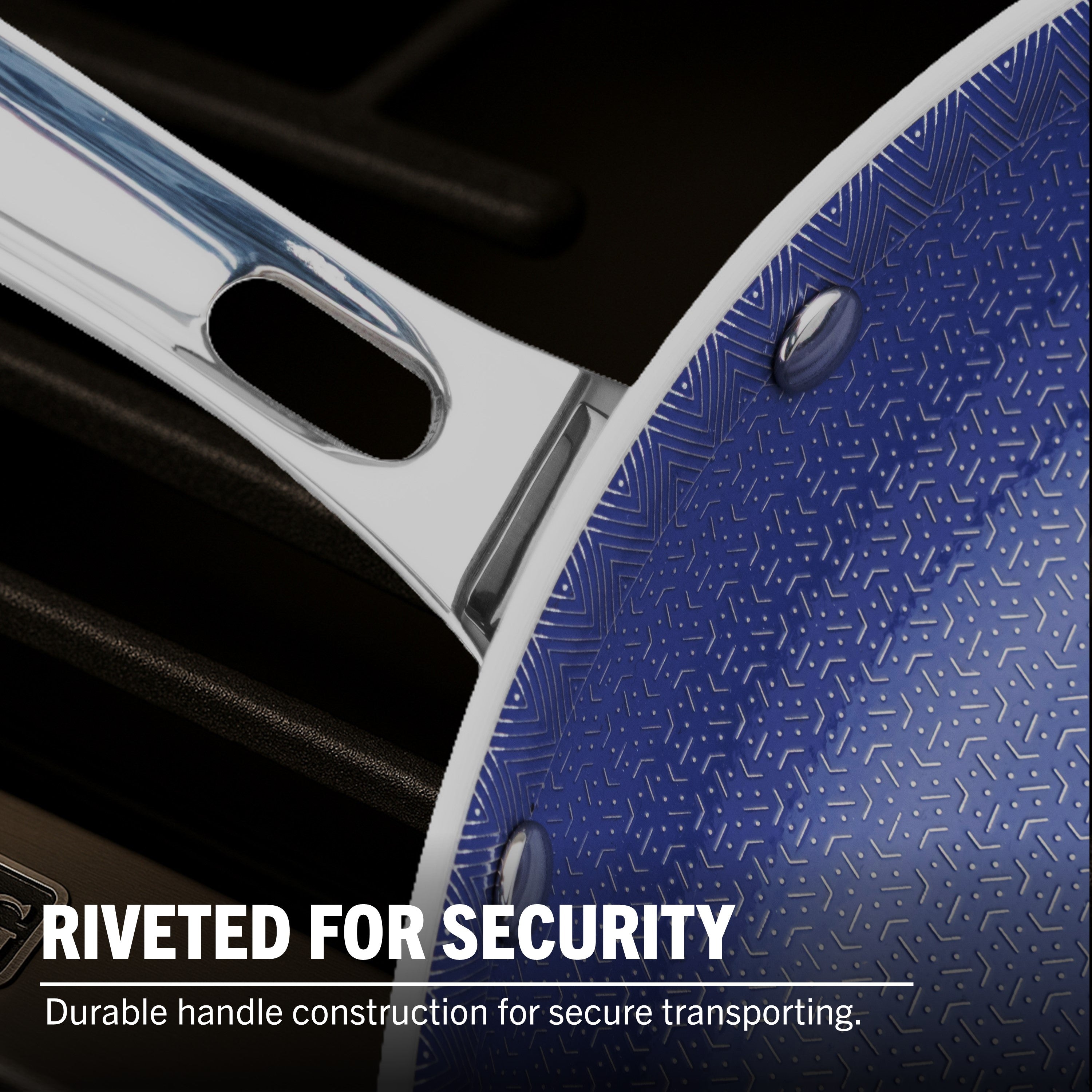 Close-up of a Viking Culinary Products 3-Ply Hybrid Plus Ceramic Nonstick Fry Pan with blue patterned interior and a riveted silver handle. Text on image: RIVETED FOR SECURITY—Durable handle for safe, secure transporting.