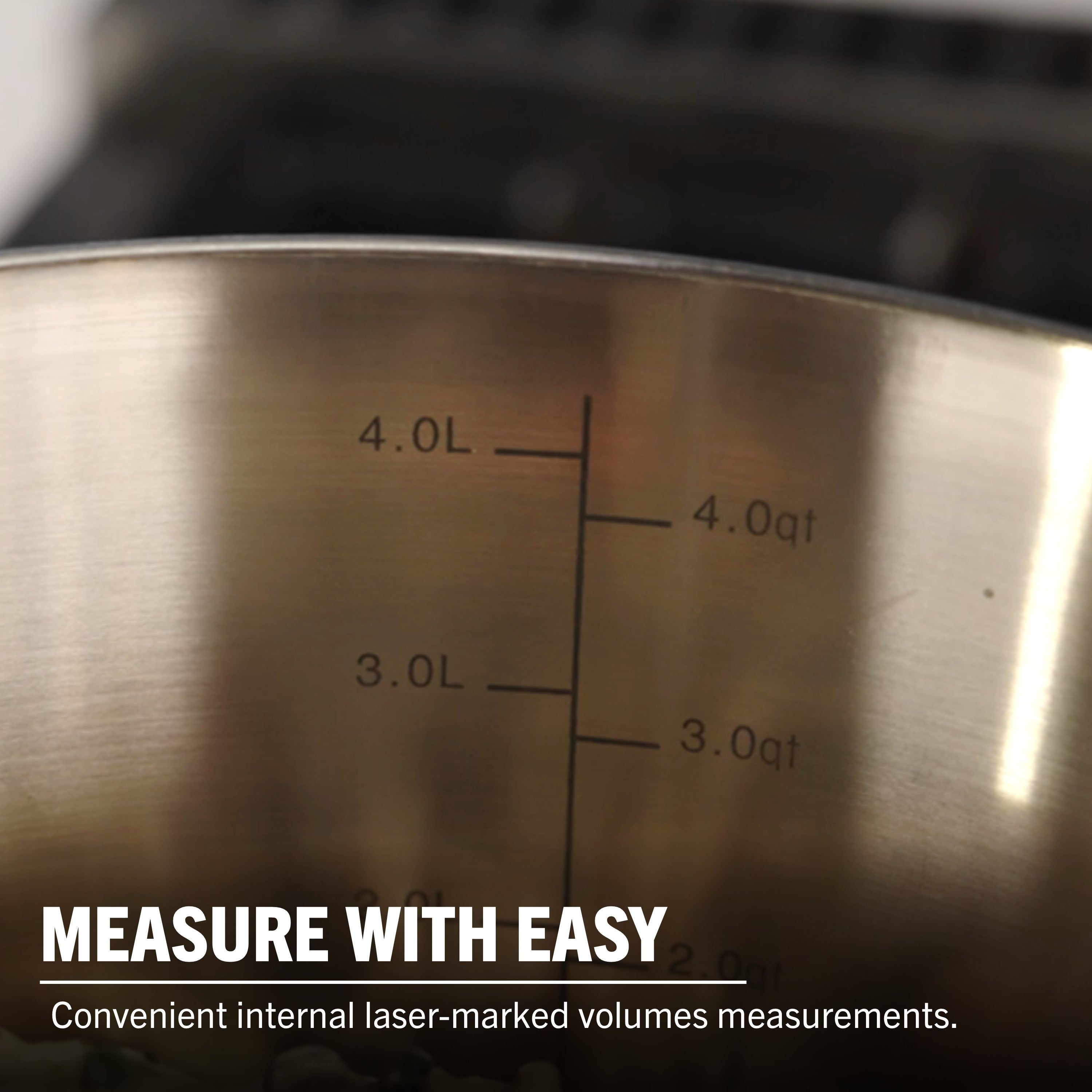 Close-up of the Viking Contemporary 3-Ply 4.8-Quart Sauté Pan by Viking Culinary Products, featuring internal laser-etched liter and quart markings. "MEASURE WITH EASY" overlay shows convenient measurements. Induction compatible with glass lid included.