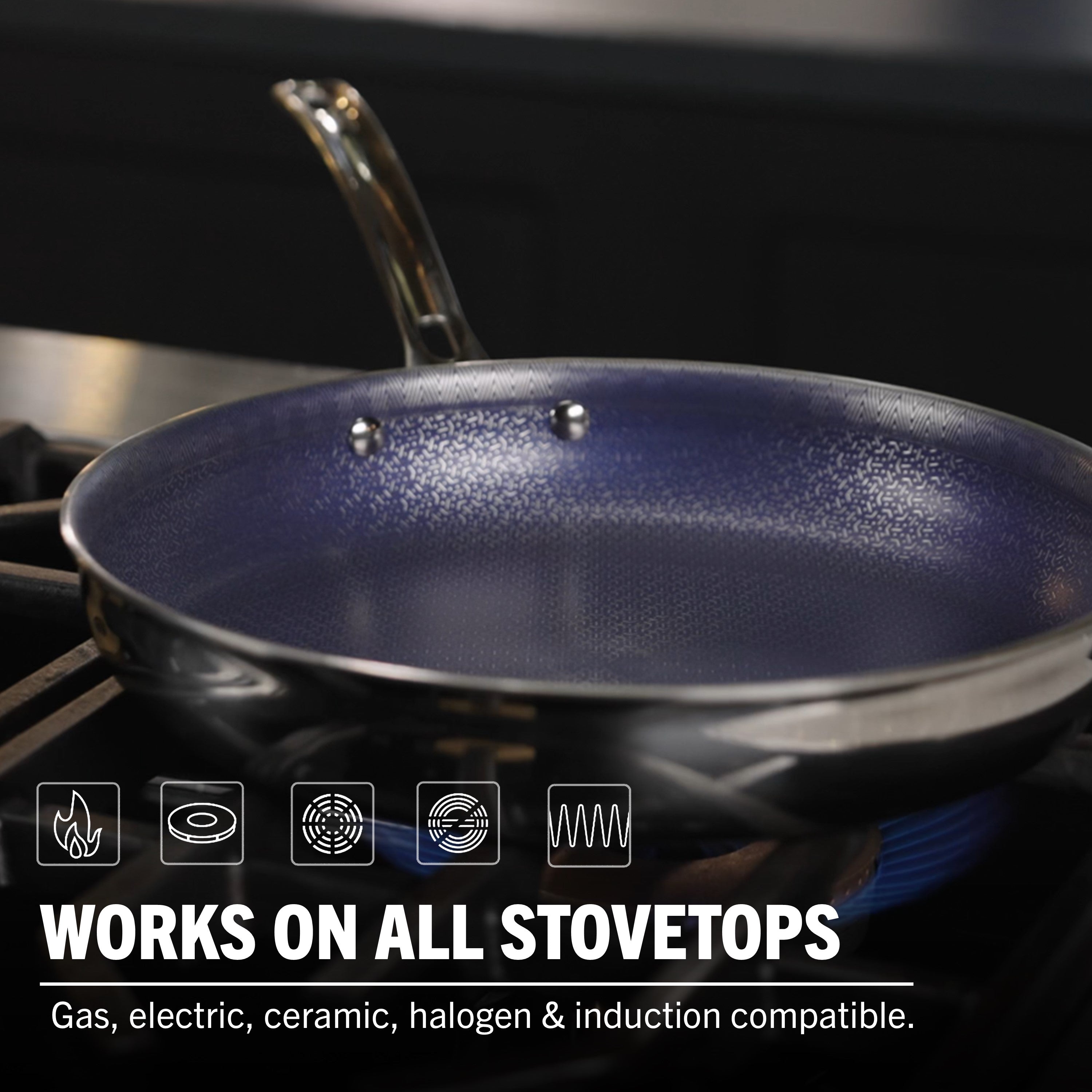 The Viking Culinary Products 3-Ply Hybrid Plus Ceramic 8-inch Nonstick Fry Pan sits on a stovetop. Icons and text below show that it works on all stovetops: gas, electric, ceramic, halogen, and induction.