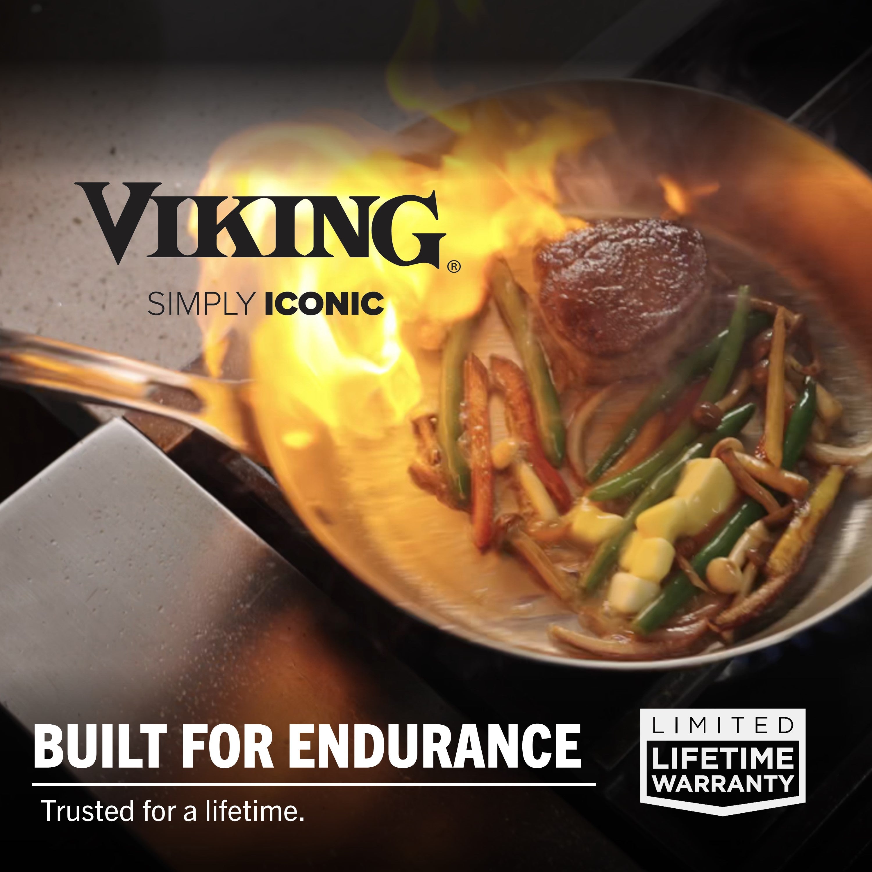 A steak and vegetables are sautéed in a Viking Contemporary 3-Ply 4.8-Quart Sauté Pan with Glass Lid over an open flame. The image shows the Viking Culinary Products logo, "Built for Endurance," induction compatibility, and a limited lifetime warranty.