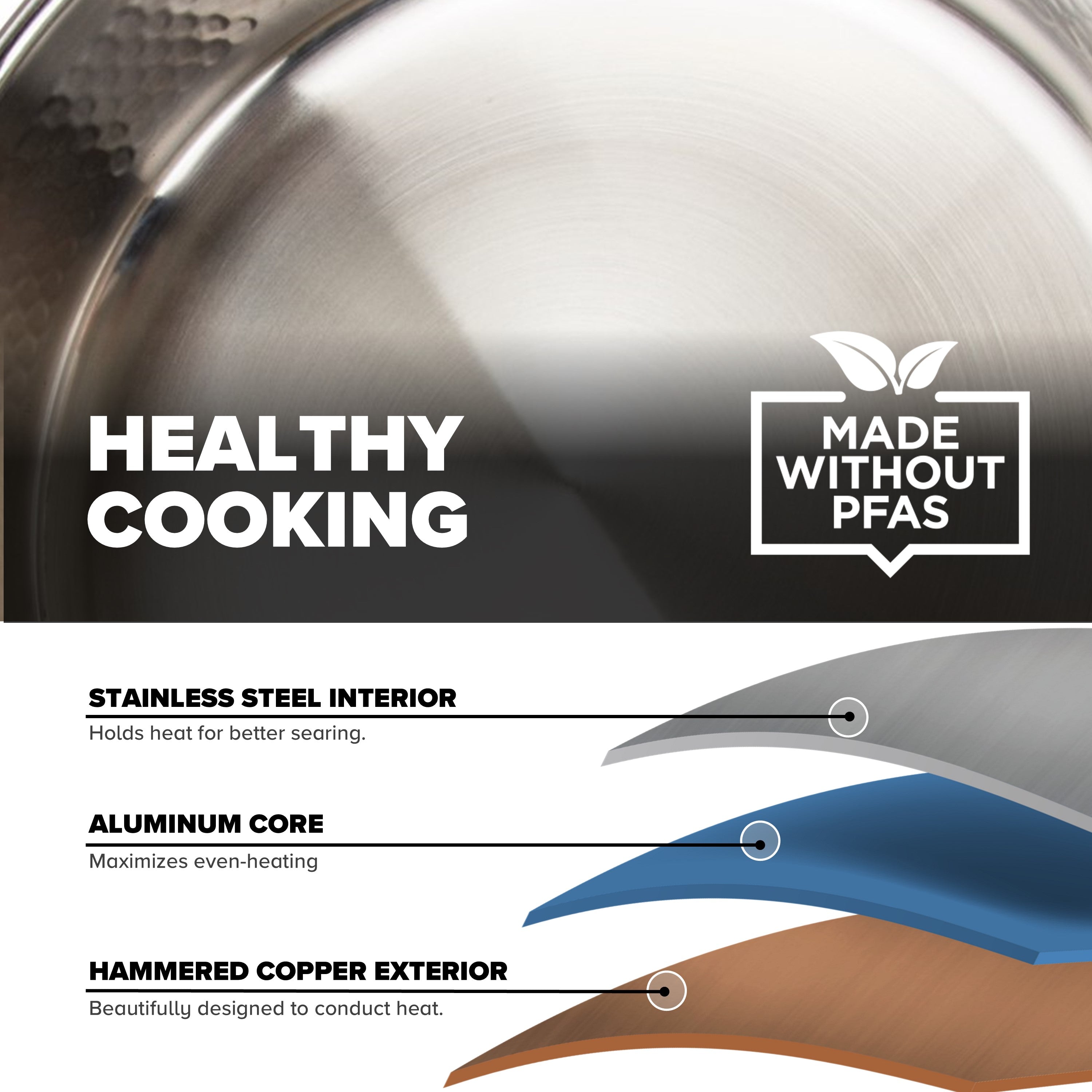 Close-up of Viking 3-Ply Hammered Copper Clad 10-Piece Cookware Set by Viking Culinary Products. Features stainless steel interior, aluminum core for even heating, hammered copper exterior—healthy cooking made without PFAS.