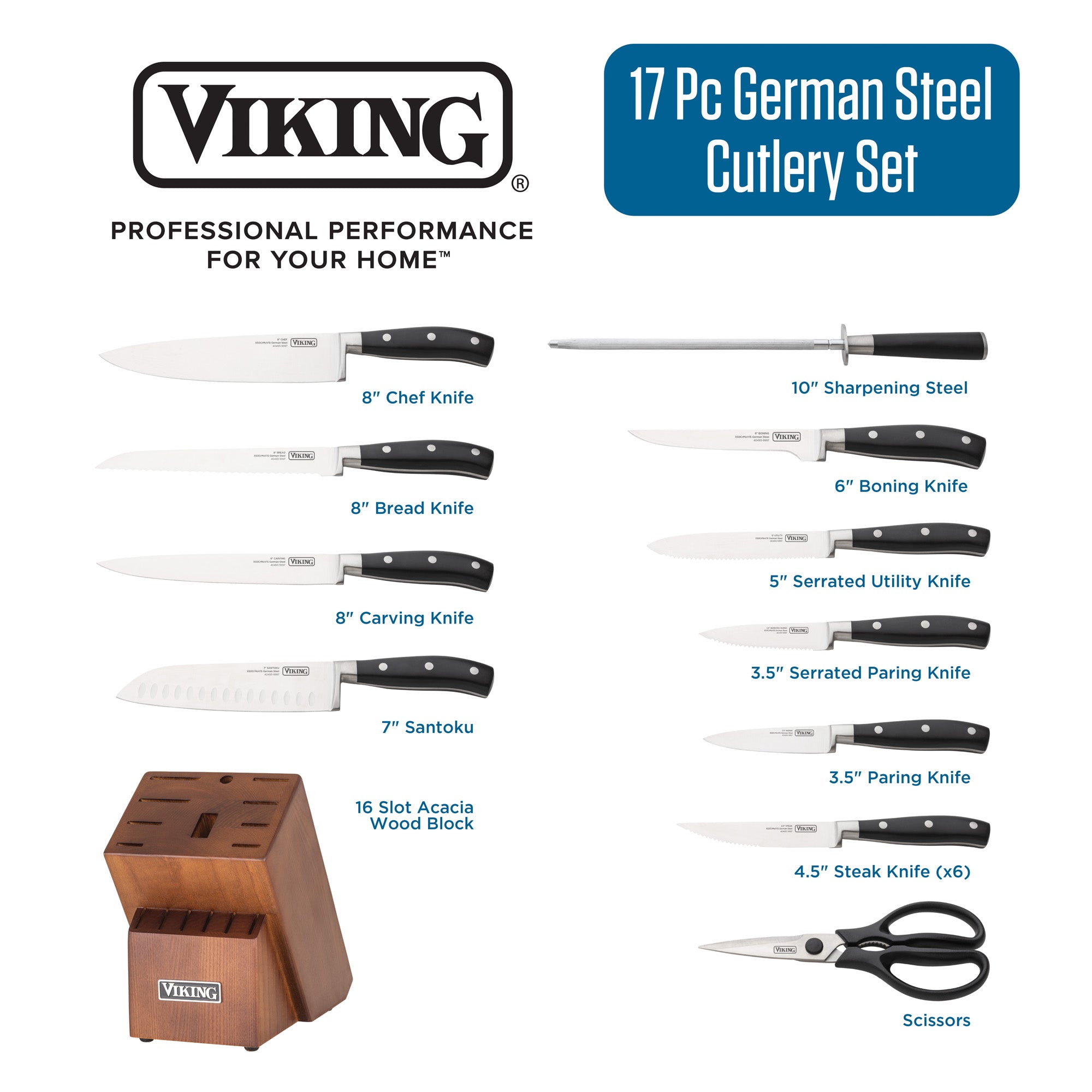 The Viking Culinary Products 17-piece cutlery set includes X50CrMoV15 stainless steel knives with black handles, sharpening steel, scissors, and comes in a light walnut color block for a sleek kitchen look.