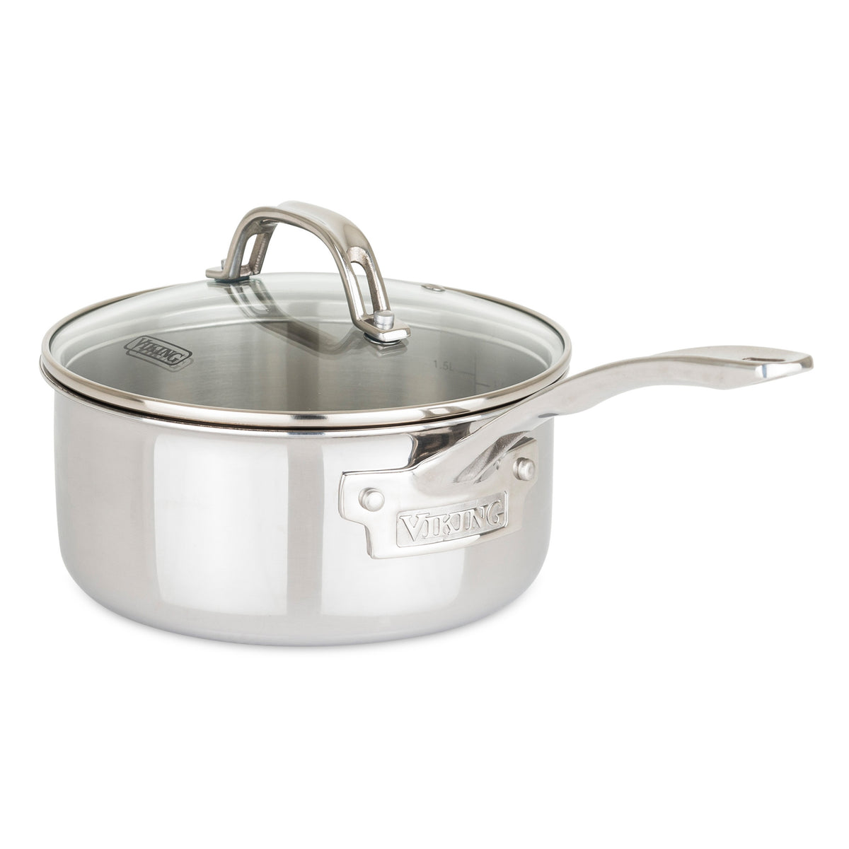 The Viking Culinary Products 3-Ply Stainless Steel 17-Piece Cookware Set includes glass lids and Viking Stay-Cool Handles, with the Viking logo featured on each piece.