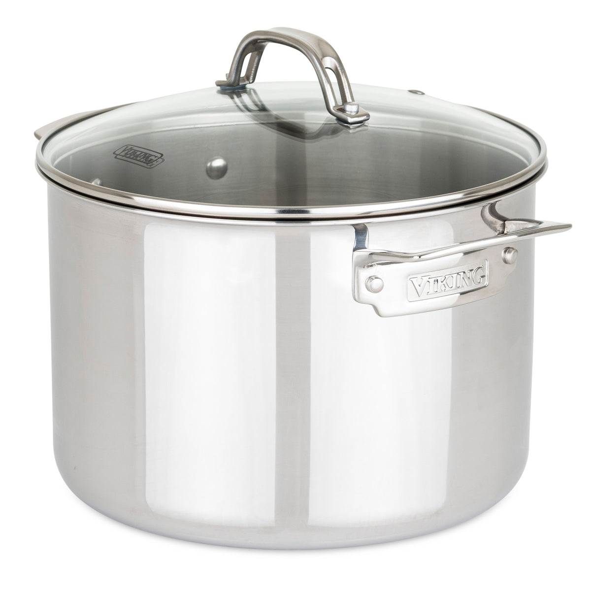 The Viking Culinary Products 3-Ply Stainless Steel 17-Piece Cookware Set features glass lids and stay-cool handles, with the brand name engraved on the side handle for added style and durability.