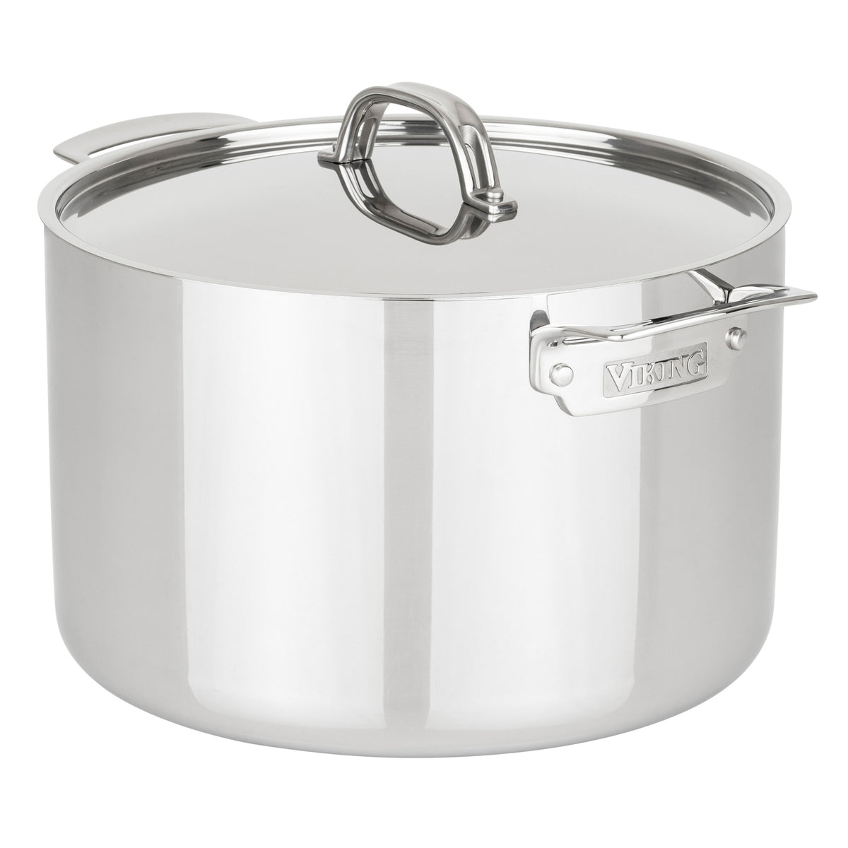 The Viking Culinary Products 3-Ply Stainless Steel 12-Quart Stock Pot with metal lid and sturdy handles sits on a white background; Viking is engraved on one handle. Induction compatible.