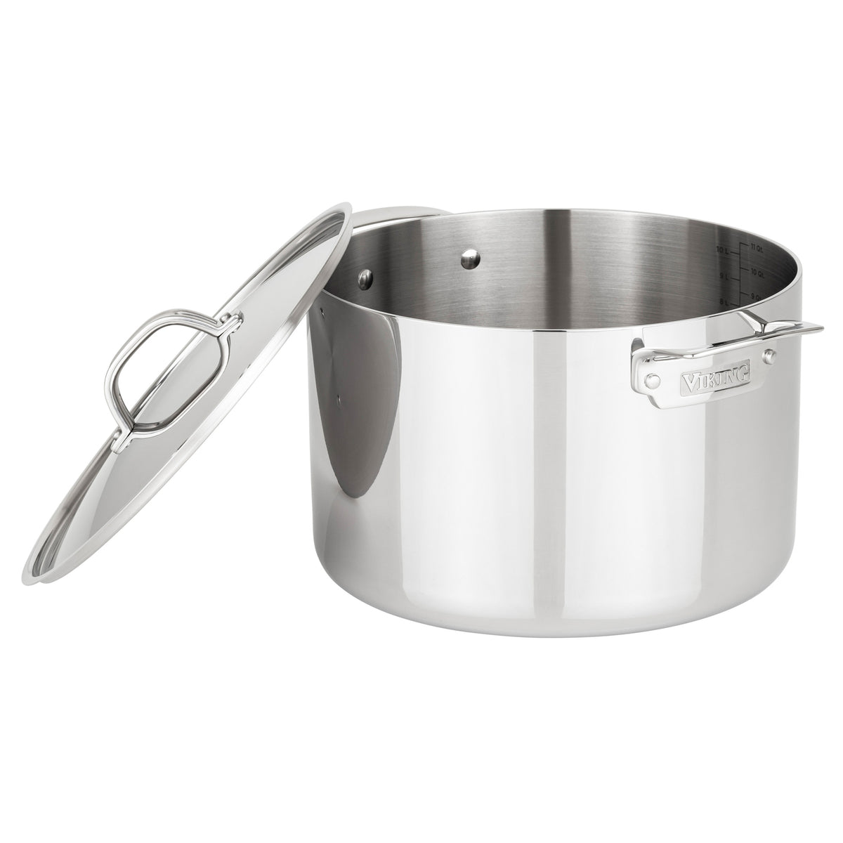 The Viking 3-Ply Stainless Steel 12-Quart Stock Pot by Viking Culinary Products features sturdy handles, a matching metal lid, a brushed interior with measurement markings, and a shiny exterior. Induction ready and dishwasher safe for easy cleaning.