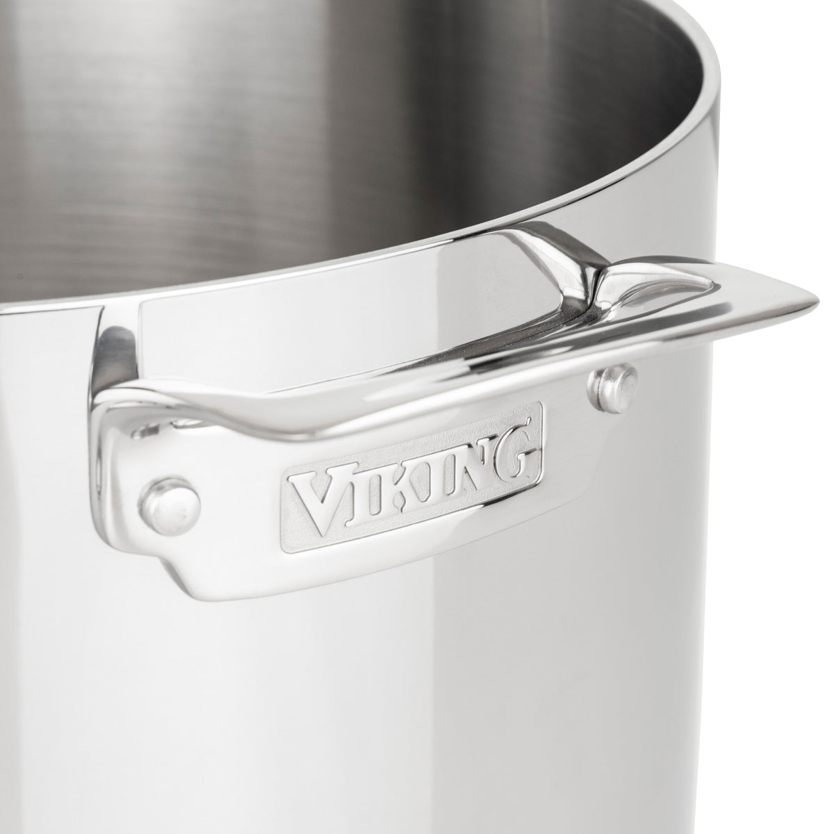 A close-up of the Viking Culinary Products 3-Ply Stainless Steel 12-Quart Stock Pot with metal lid, showing its sturdy handle, engraved brand name, induction compatibility, and details of the interior and rim.