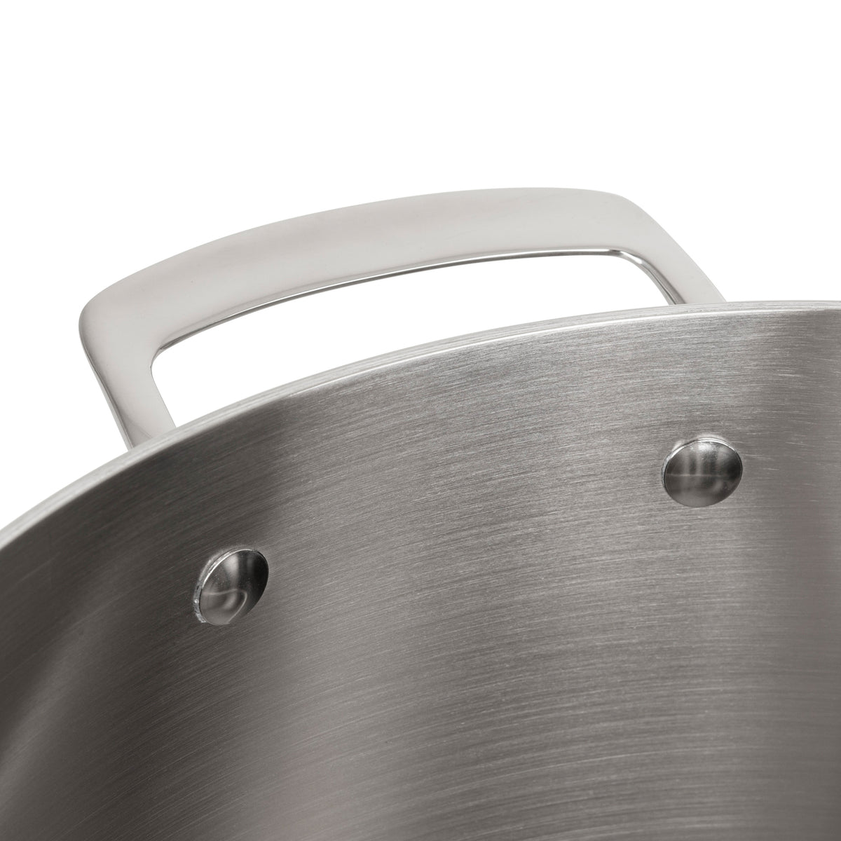Close-up of the Viking 3-Ply Stainless Steel 12-Quart Stock Pot by Viking Culinary Products, showing its brushed finish, sturdy handle with rivets, and metal lid—dishwasher safe and induction ready for versatile cooking.